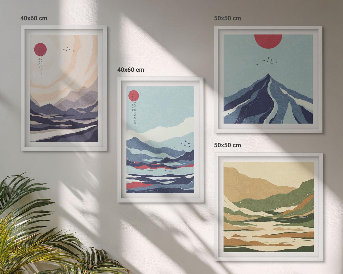 BILDER SET 4er Set - 50x50 cm & 40x60 cm Weißer Rahmen - Abstrakte Berglandschaften - Weiß, Kunststoff (50/50cm) - TULUP