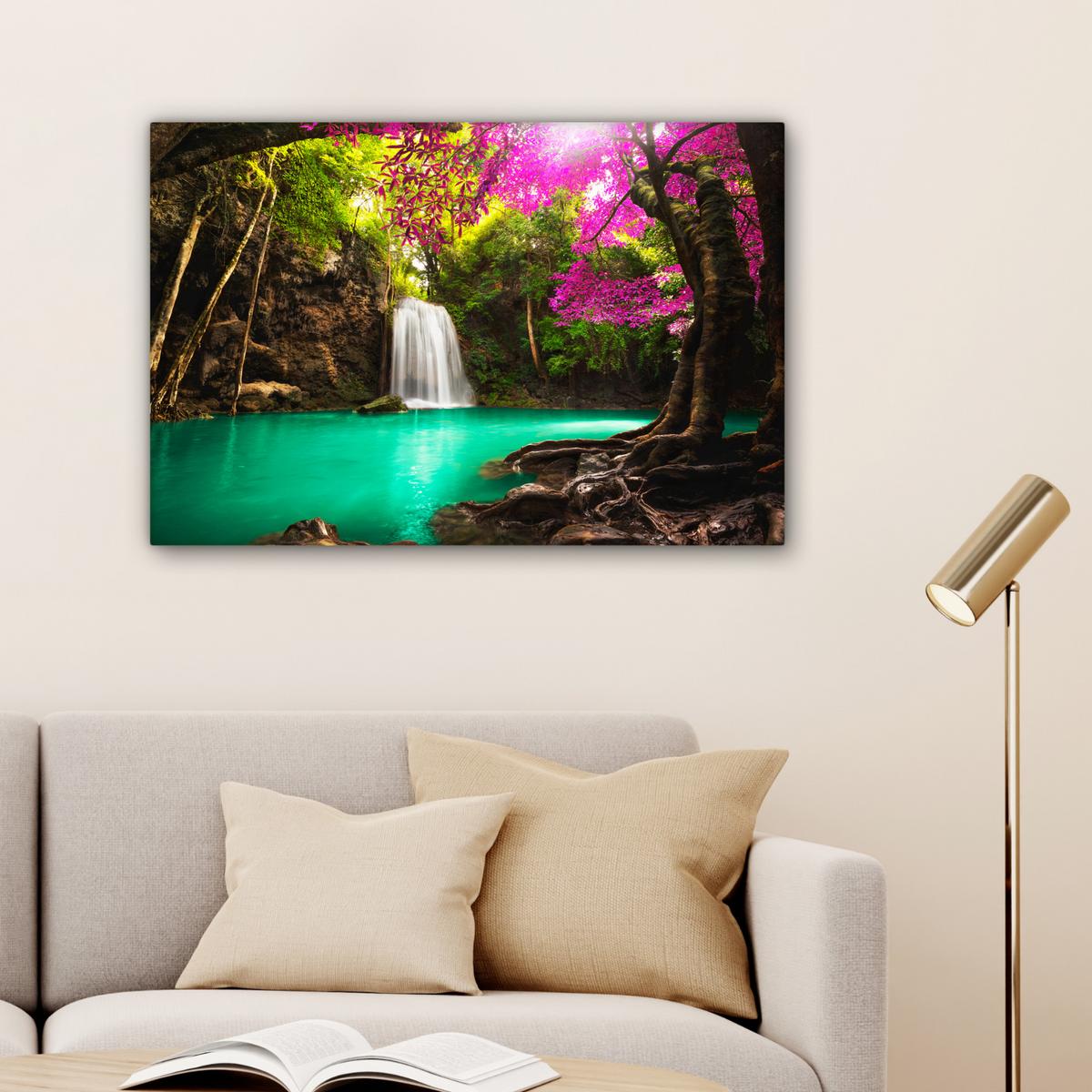 LEINWANDBILD Wasserfall mit bunten Blumen und Bäumen - Natur - Dschungel Gemälde 60x40 cm - Waldgrün, Textil (60/40cm) - MuchoWow