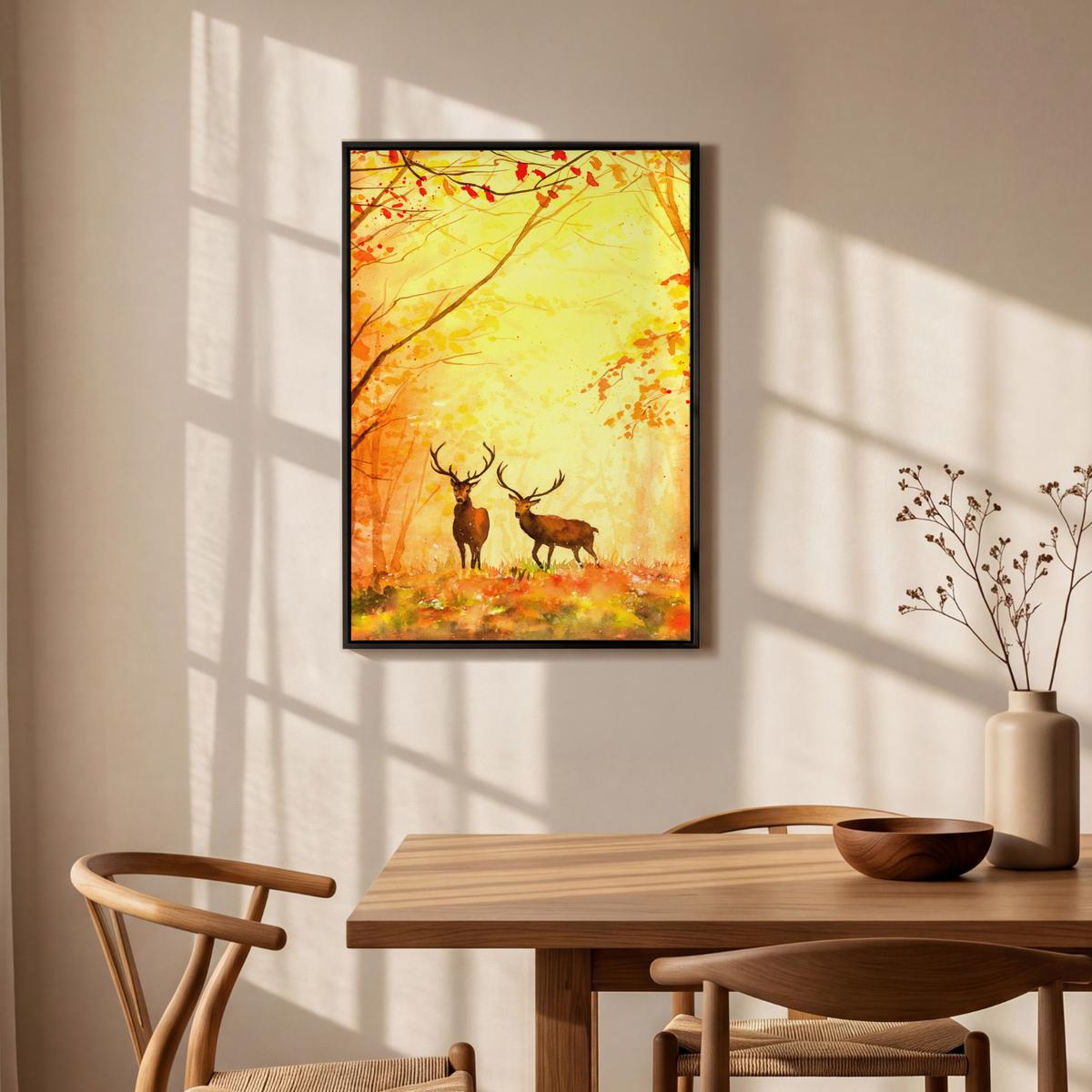 LEINWAND Bilder mit Rahmen - Natur - Ölfarbe - Hirsche - Tiere - Herbst - Orange - 60x90 - Orange, Textil (60/90cm) - MuchoWow