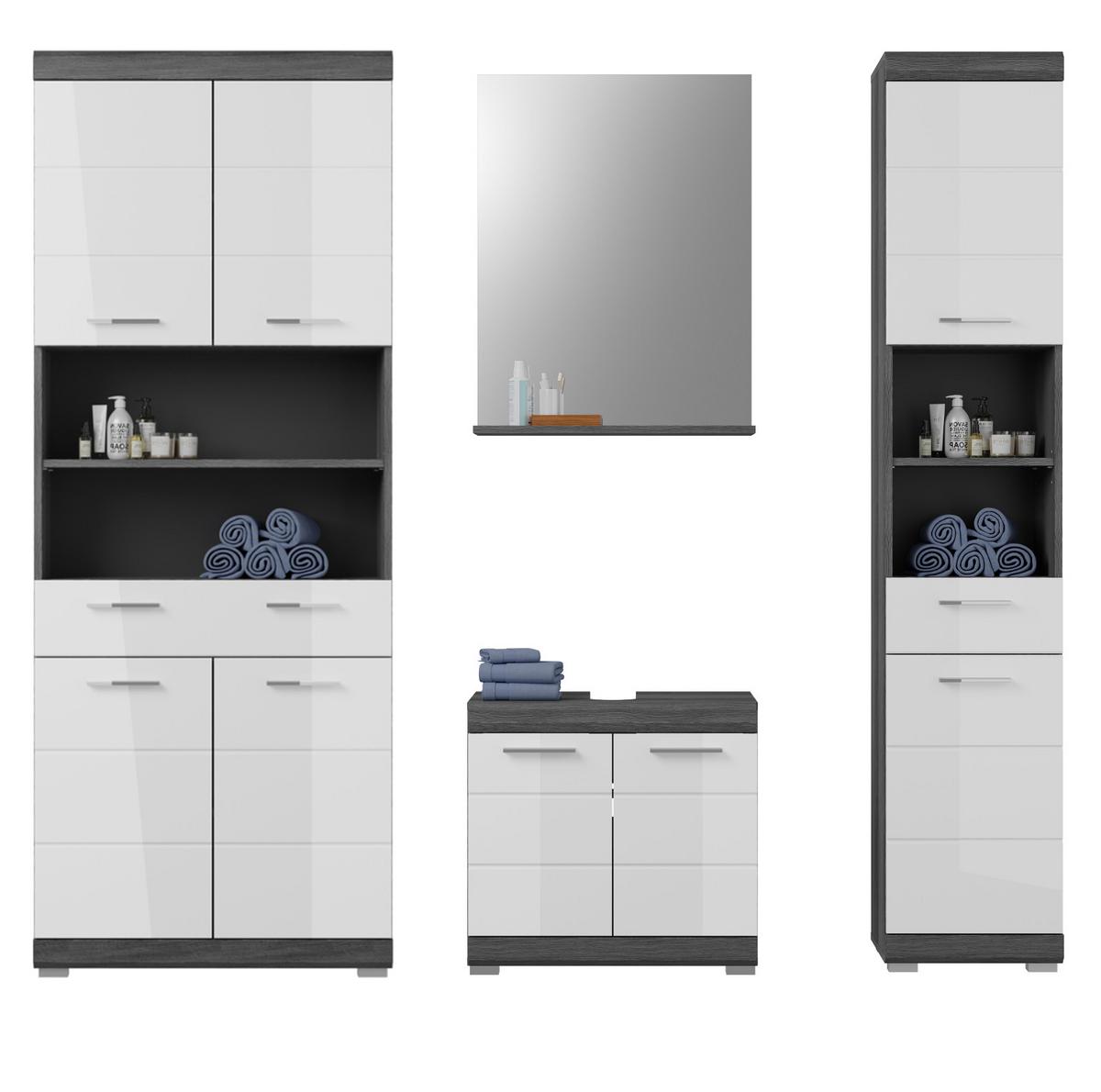 BADMÖBEL-SET weiß Hochglanz, grau 4-teilig 186 cm, Komplettset mit 14 Fächern - Weiß Hochglanz/Grau, Holzwerkstoff (186/191/34cm) - Inn.Furn