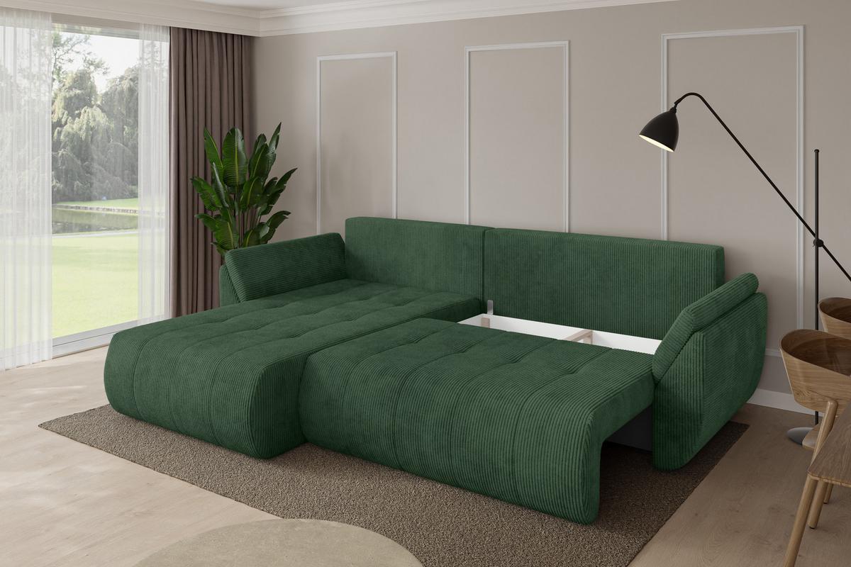 ECKSOFA mit Schlaffunktion Ottomane Links TOKO-L 277x194x86 Grün Cord - Dunkelgrün/Schwarz, Holzwerkstoff/Kunststoff (277/194cm) - ALTDECOR