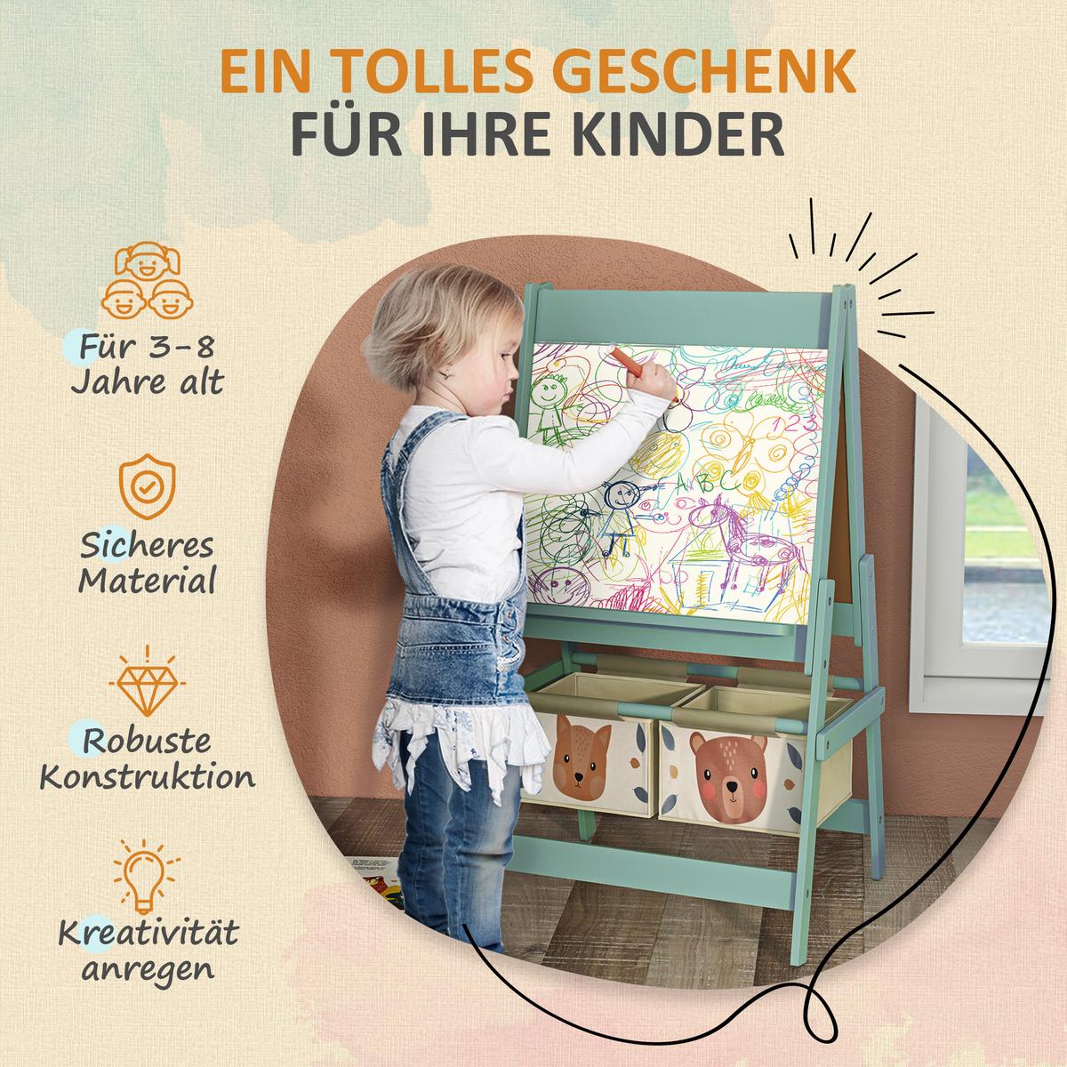 KINDERTAFEL, 3 in 1 Kinder Staffelei, Doppelseitige Standtafel mit Papierrolle - Grün, Holzwerkstoff (46.5/93/54cm) - AIYAPLAY