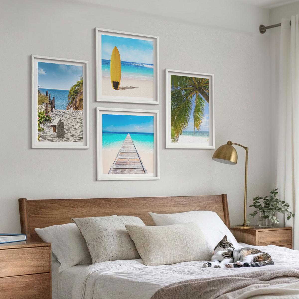 BILDER SET 4er Set - 50x50 cm & 40x60 cm Weißer Rahmen - Urlaubsblick Strand Palmen - Weiß, Kunststoff (50/50cm) - TULUP