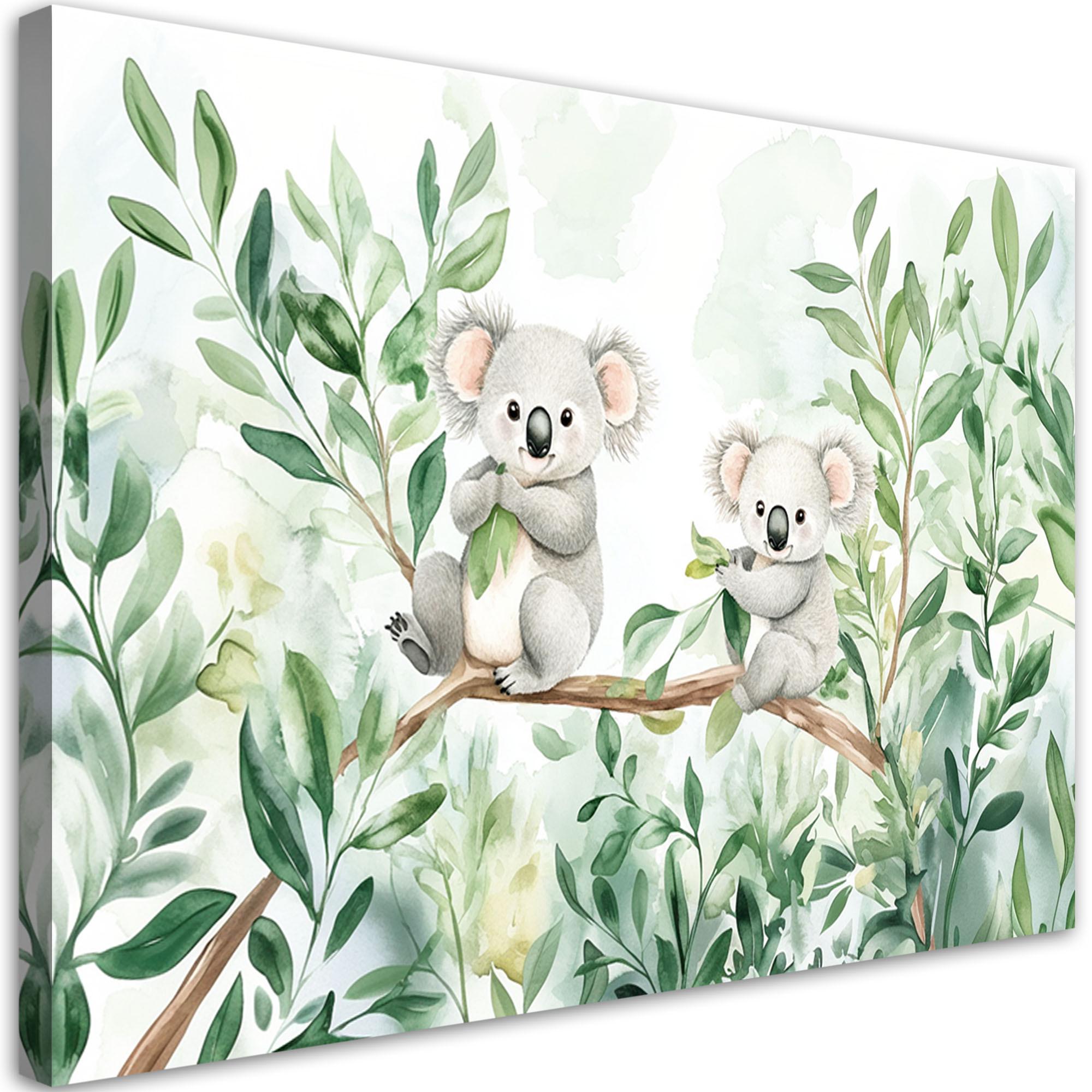 WANDBILD für kinderzimmer koala trägt eukalyptusblätter - Grün, Textil (90/60cm) - Feeby