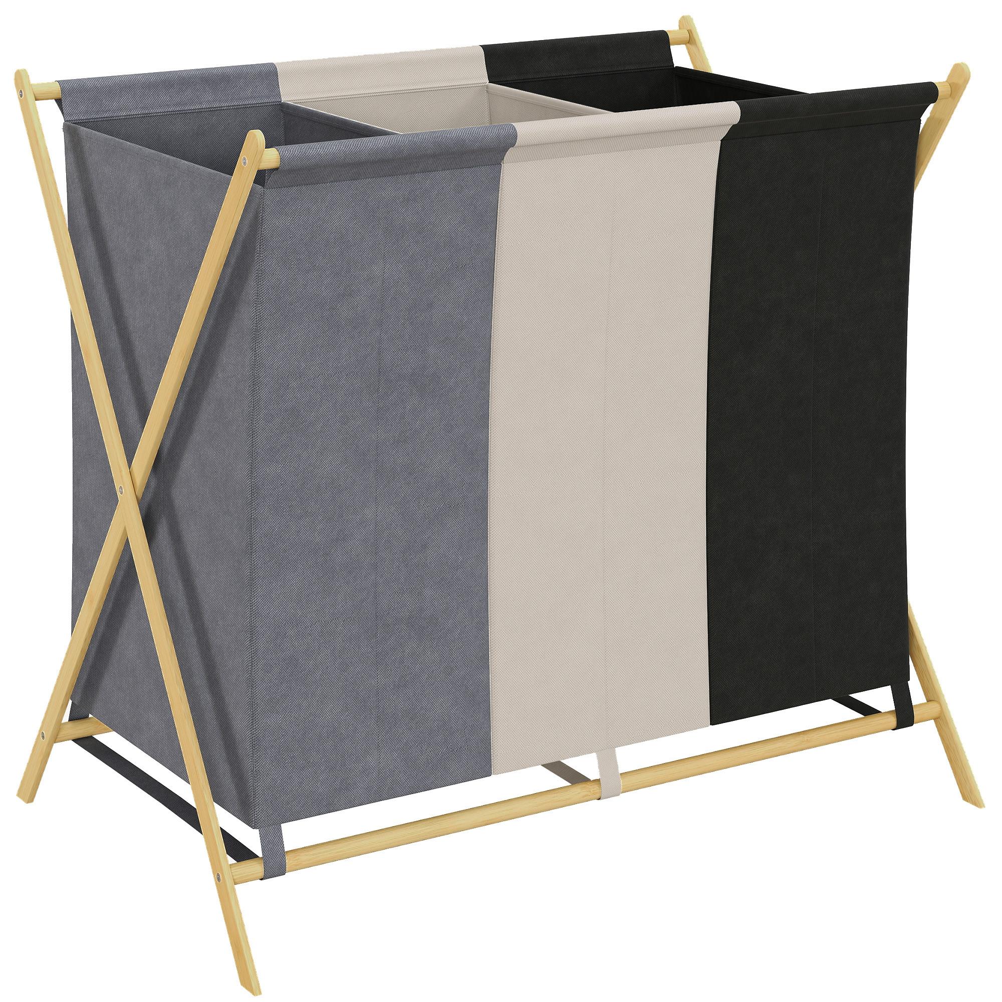 WÄSCHEKORB aus Bambus Leinenstoff Mehrfarbig - Multicolor, Naturmaterialien (48/67/75cm) - HOMCOM