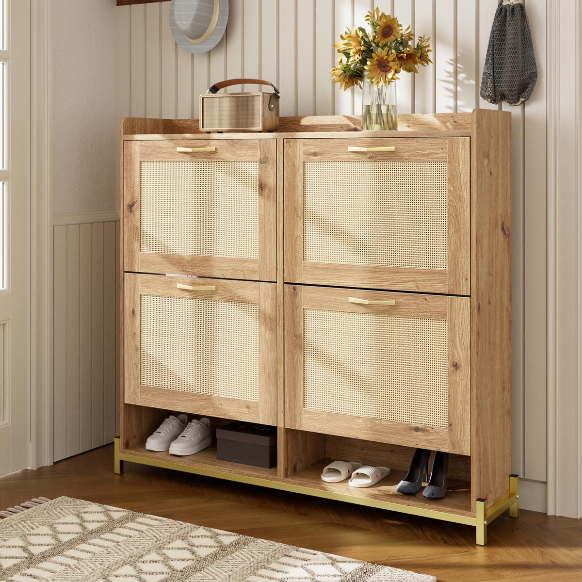 SCHUHSCHRANK aus Holz mit Rattantüren - Hellbraun, Holzwerkstoff (24/100/108cm) - Urban Meuble