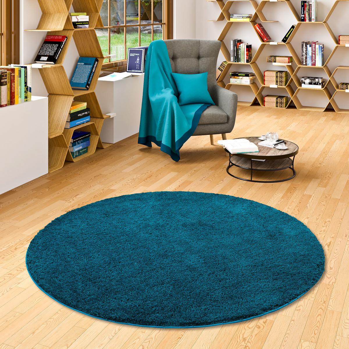 HOCHFLOR SHAGGY TEPPICH PALACE RUND - Petrol, Textil (133/133cm) - Snapstyle