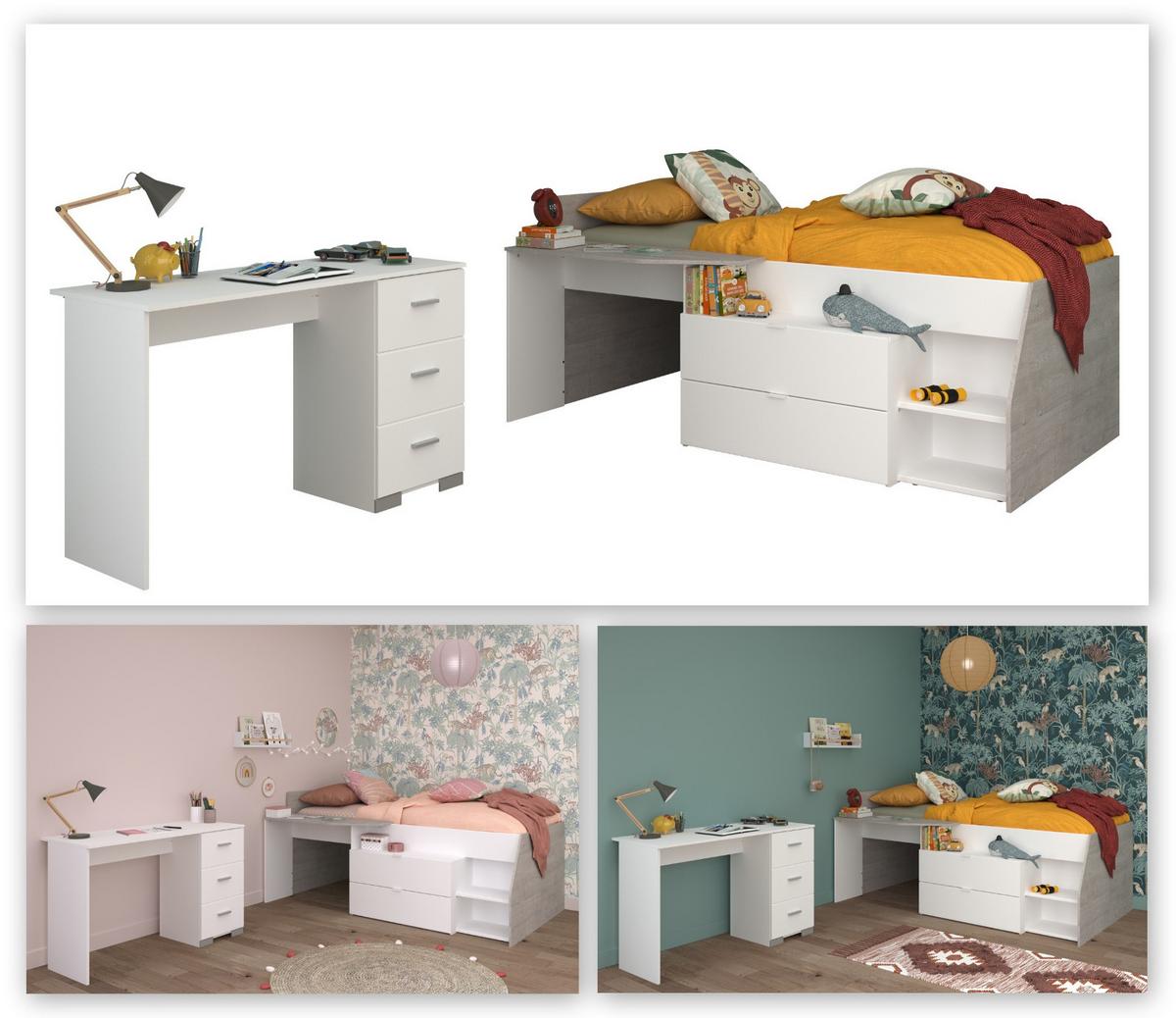 KINDERZIMMER weiß, grau, Set 2-teilig mit Stauraumbett, Schreibtisch - Silberfarben/Weiß, Holzwerkstoff/Kunststoff (135/90/203cm) - Parisot Meuble
