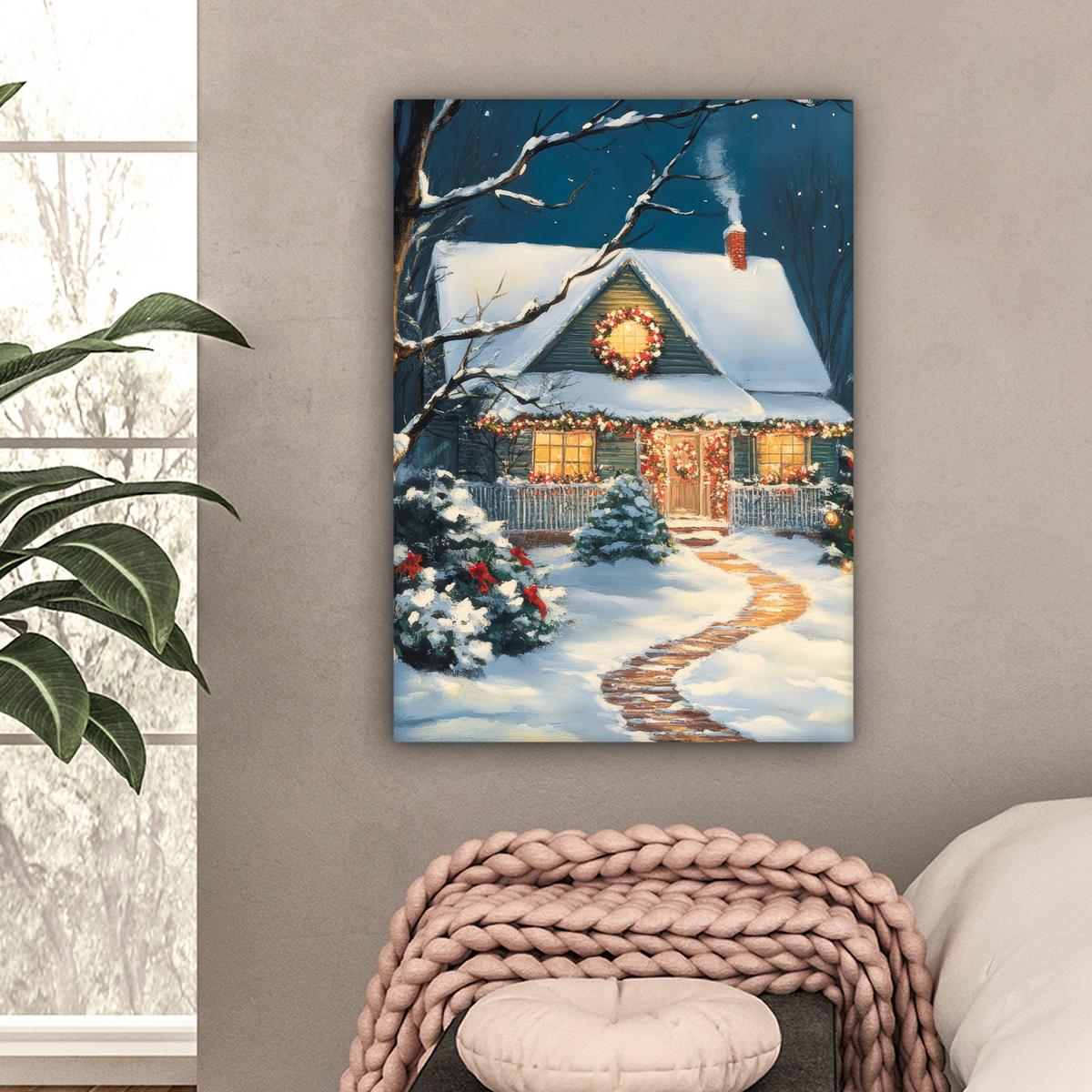 LEINWANDBILD Weihnachten - Weihnachtsbaum - Winter - Zuhause - Schnee Wandbild Wohnzimmer 60x80 cm - Smaragdgrün, Textil (60/80cm) - MuchoWow