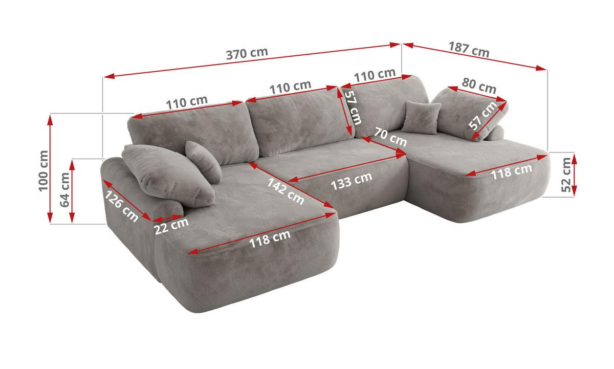 WOHNLANDSCHAFT CUBO U Hellgrau Plüsch - Hellgrau/Schwarz, Kunststoff/Textil (370/100/187cm) - MKS