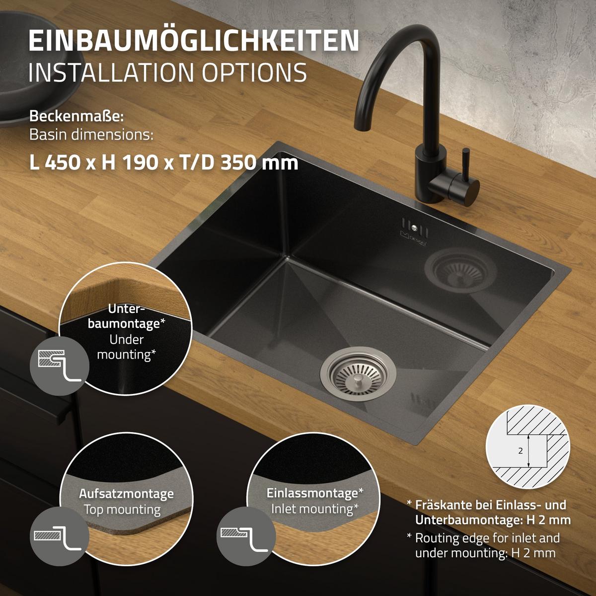 SPÜLBECKEN aus Edelstahl 50x40 cm Anthrazit mit Siphon - Anthrazit, Metall (50/20/40cm) - ML-DESIGN