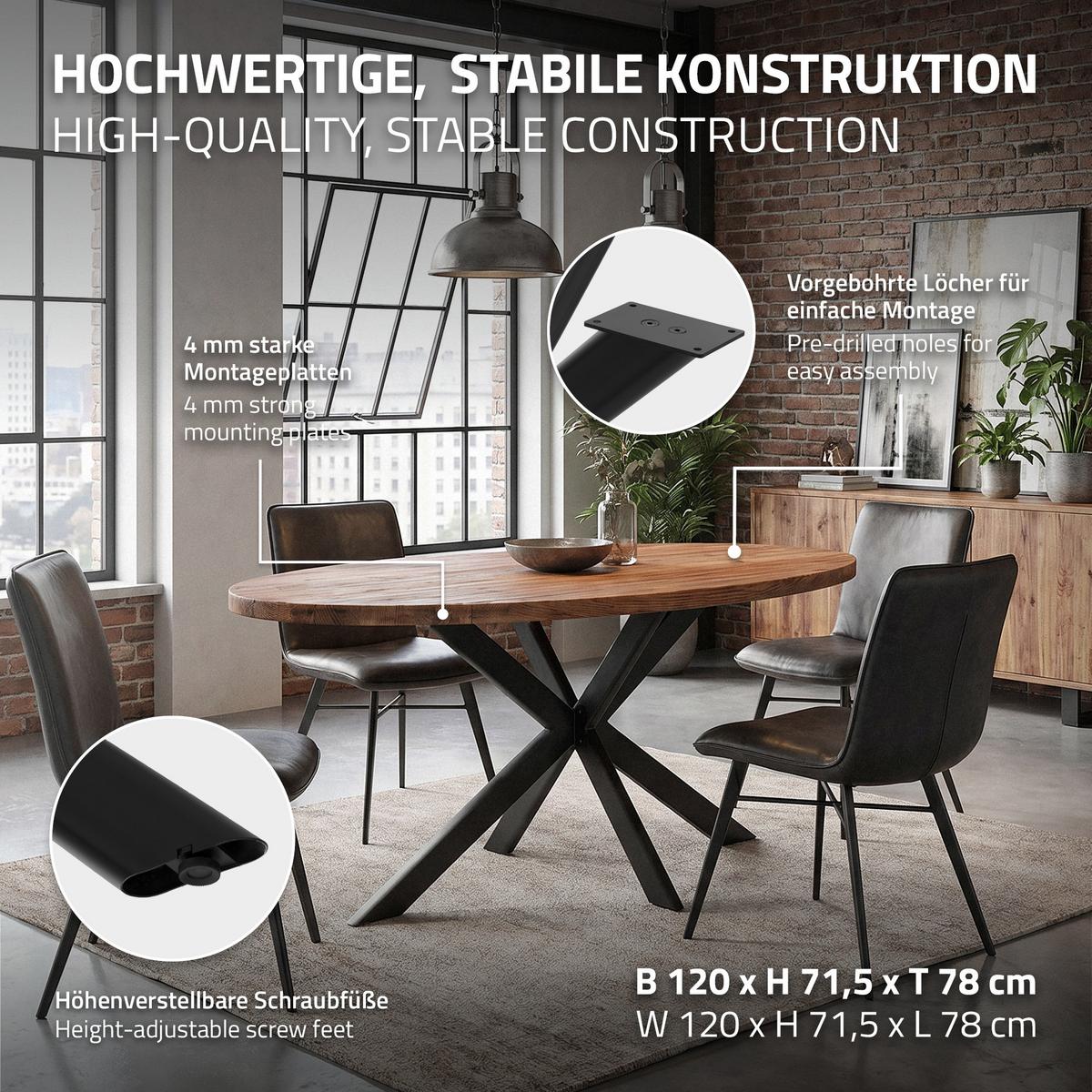 TISCHBEINE Metall Schwarz 120x78x71,5 cm X-Form Flach Tischgestell 4-beinig aus Stahl - Schwarz, Metall (120/71.5/78cm) - ML-DESIGN