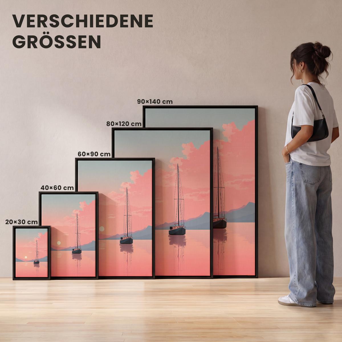 LEINWAND Bilder mit Rahmen - Segelboot - Rosa Meer - Sonnenuntergang - Berge - 60x90 - Rosa, Textil (60/90cm) - MuchoWow