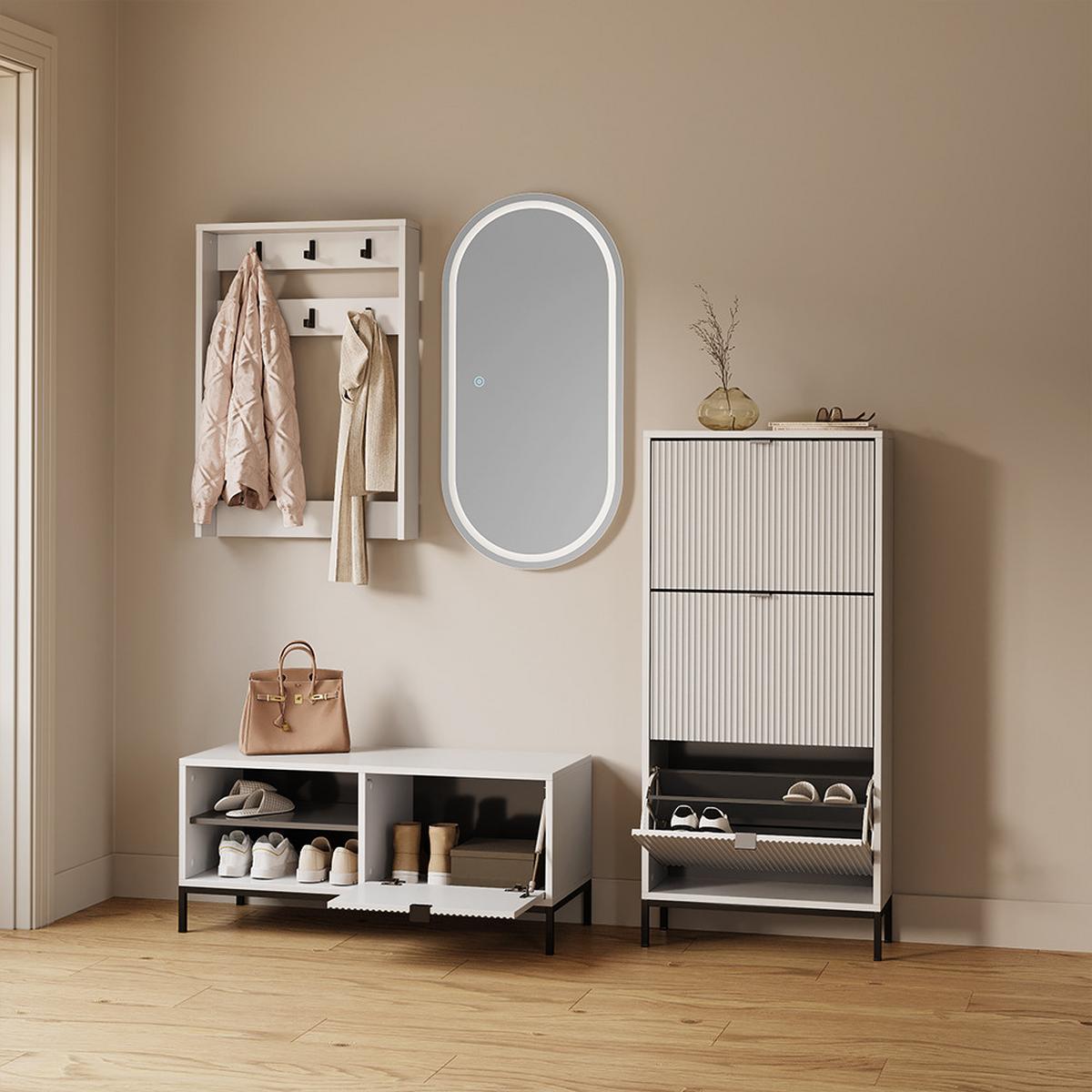 SCHUHKIPPER Aterno Weiß 60 x 130 cm mit 3 Klappschubladen - Weiß, Holzwerkstoff (60/130/24cm) - Livinity®