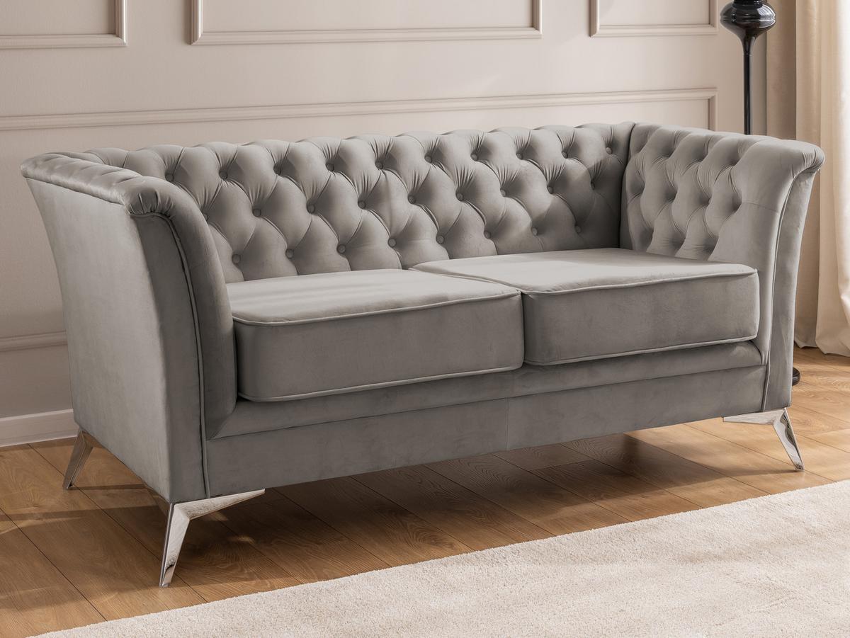 CHESTERFIELD-SOFA 2-sitzer Whitby Grau Samt mit silbernen Füßen - Silberfarben/Grau, Holz/Textil (175/78/82cm) - S-Style Möbel
