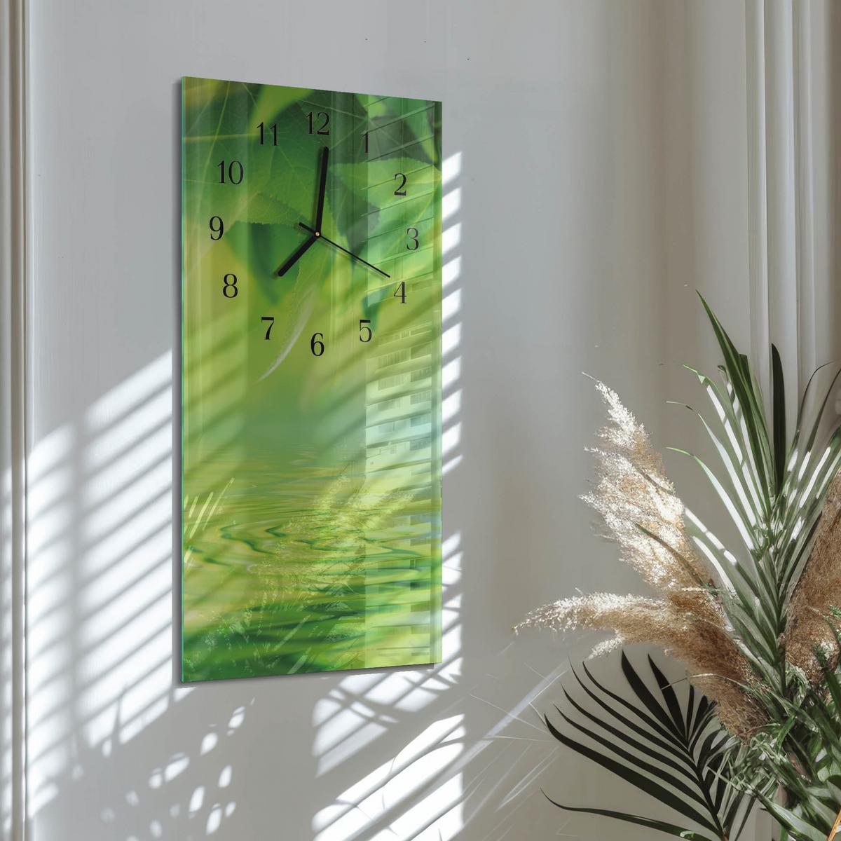 WANDUHR aus Glas 30x60 cm - Blätter - Grün, Glas (30/60/0.4cm) - TULUP