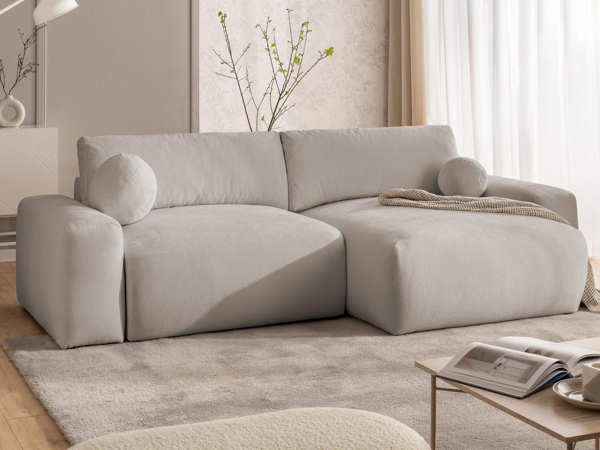 ECKSOFA Puffy mit Schlaffunktion und Bettkasten - besonders weich und puffig aus Beige Webstoff - Ottomane rechts - Beige/Schwarz, Holz/Kunststoff (266/138cm) - S-Style Möbel