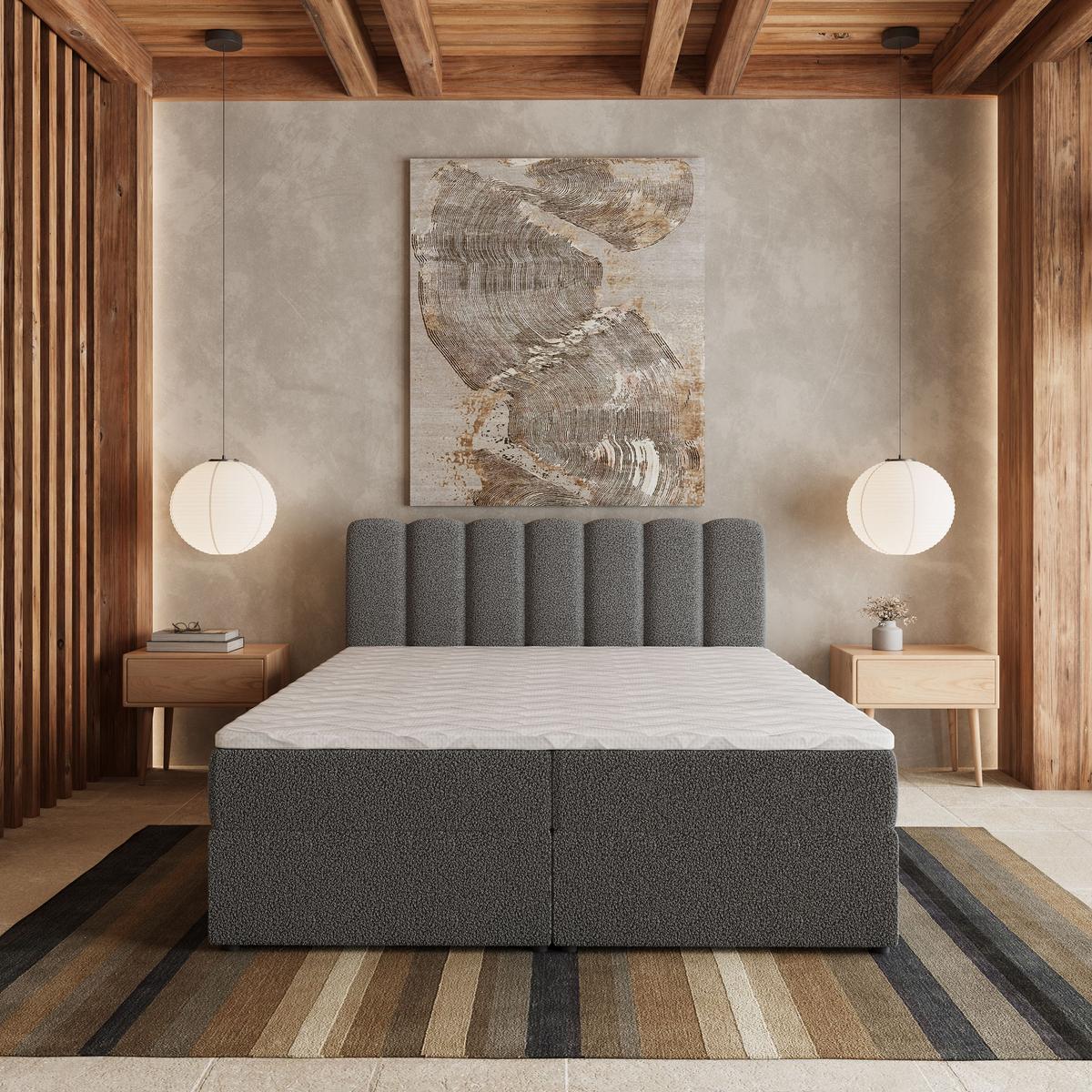 BOXBETT SOLIA 160x200 cm mit Matratze und Topper, H2+H3 - Grau - Grau, Holz (160/200cm) - MASSENO