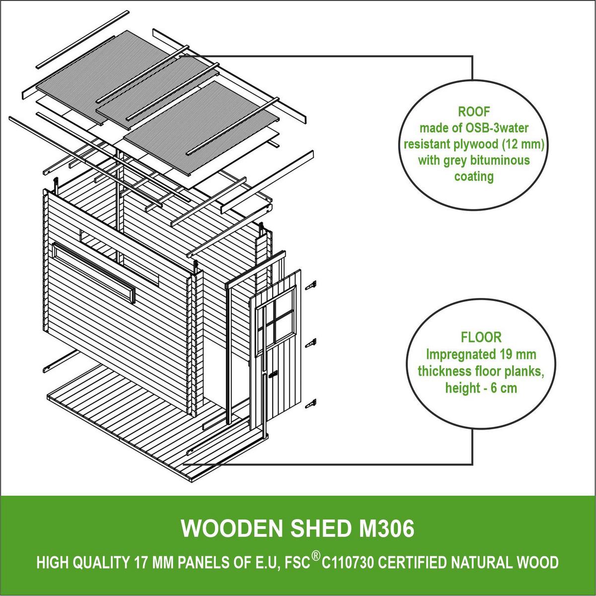 HOLZ-GARTENHAUS - Gerätehaus mit imprägniertem BodenB144xL239xH198 cm/ 2.63 m2 M306+M306G - Beige, Holz (144/204/239cm) - Timbela