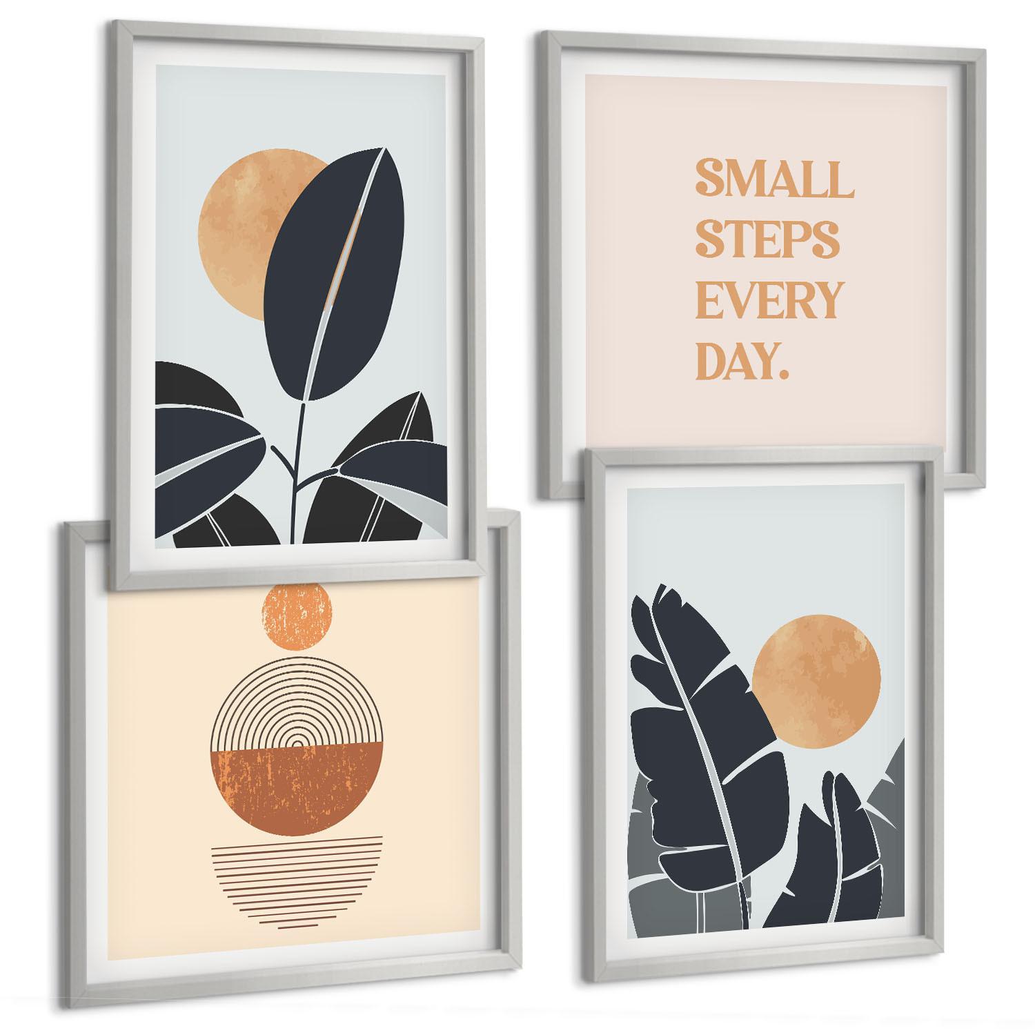 BILDER SET 4er Set - 50x50 cm & 40x60 cm Silberner Rahmen - Pflanzenmuster große minimalistische Sonnen - Silberfarben, Kunststoff (50/50cm) - TULUP