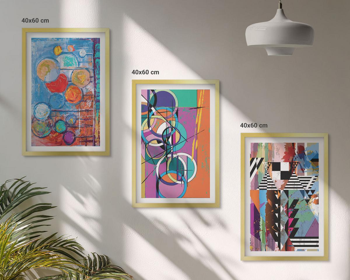 BILDER SET 3er Set - 40x60 cm Goldrahmen - Bunte abstrakte Kreise Geometrie - Goldfarben, Kunststoff (40/60cm) - TULUP