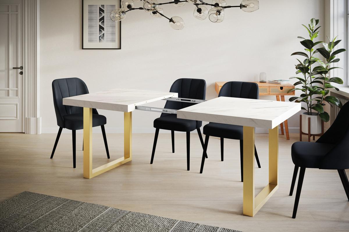 INDUSTRIELLER Esszimmertisch LOFT-U, ausziehbarer Tisch, Größe: 140-240X80X77 cm, Wohnzimmertisch Farbe: MARMUR, mit Metallbeinen in Farbe Gold - Goldfarben/Hellgrau, Holzwerkstoff (140/80/77cm) - Alpi-Möbel