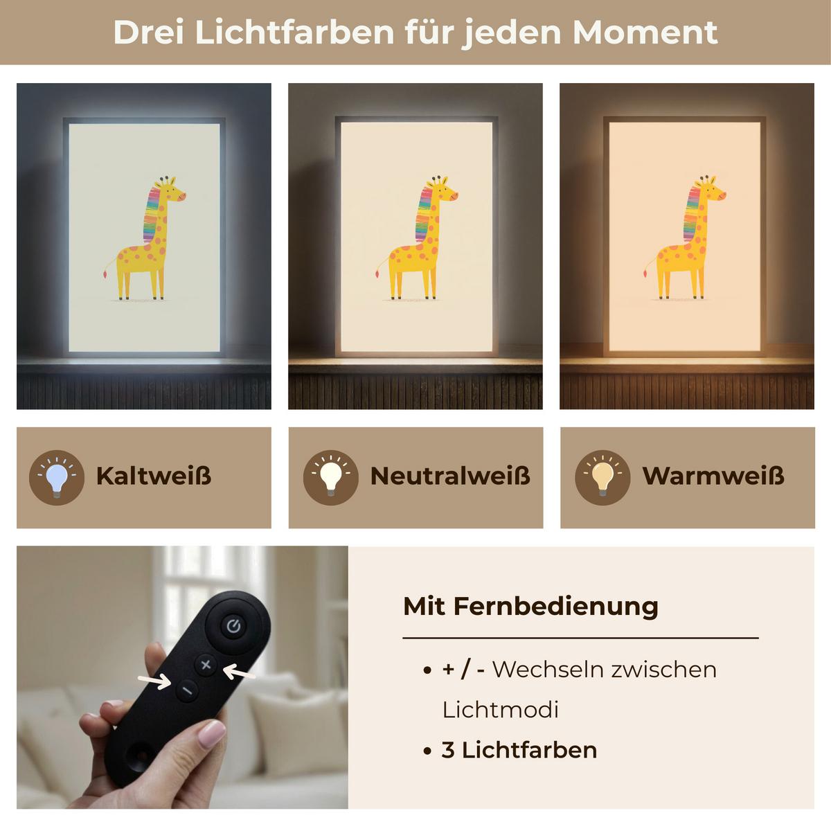 WANDLEUCHTE MIT AKKU Giraffe - Regenbogenmähne - Beige 40x60 cm - Beige, Holzwerkstoff (40/60/8cm) - OnlyWow