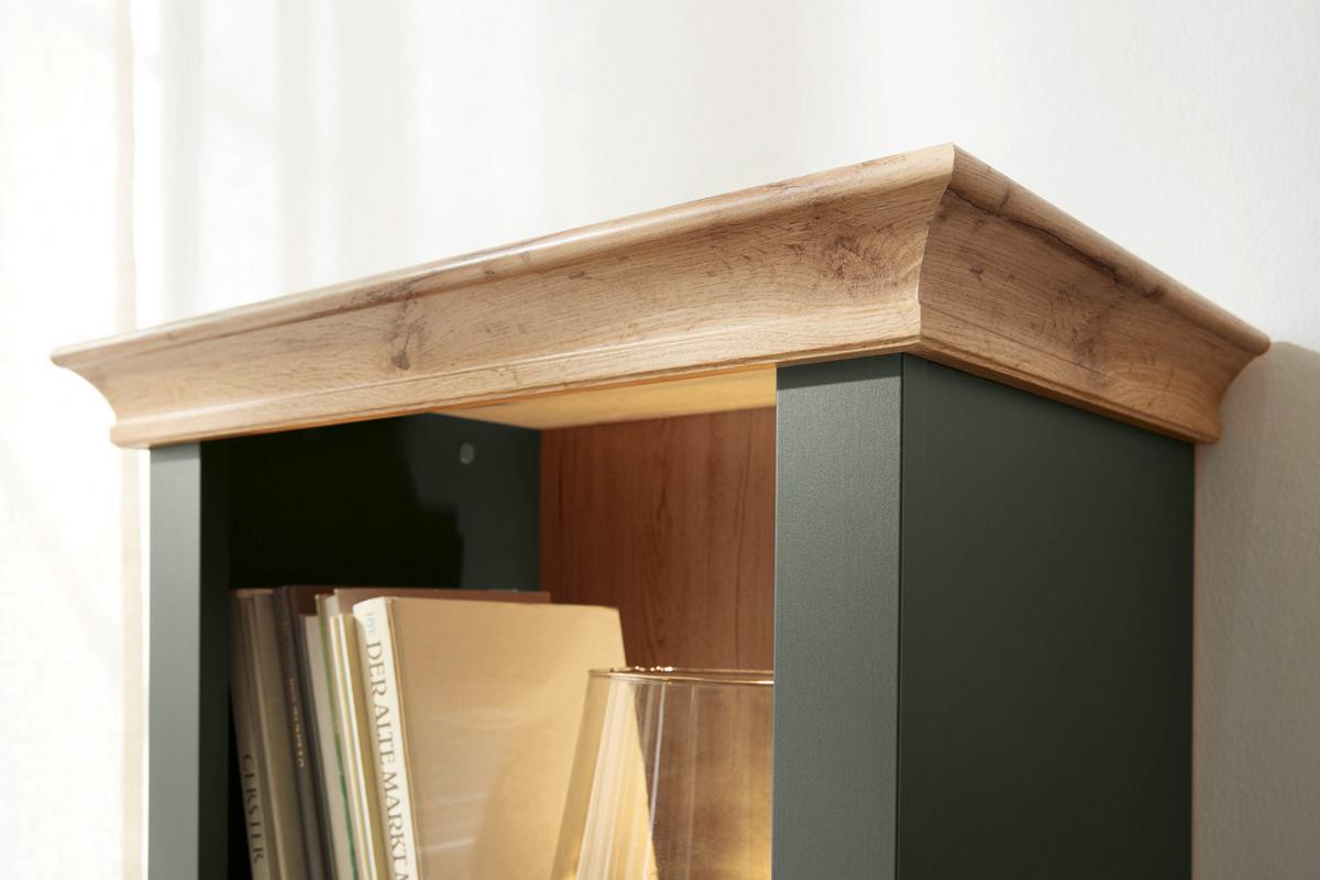 BUFFETSCHRANK grün, Wotan Eiche Landhaus, Vitrinenschrank mit Weinregal - Dunkelgrün/Messingfarben, Glas/Holzwerkstoff (194/207/45cm) - Furn.Design