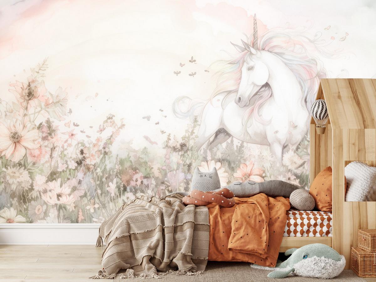FOTOTAPETE für Kinder Einhorn Blumen Aquarell 500x350 - Gelb/Beige, Papier (500/350cm) - Muralo
