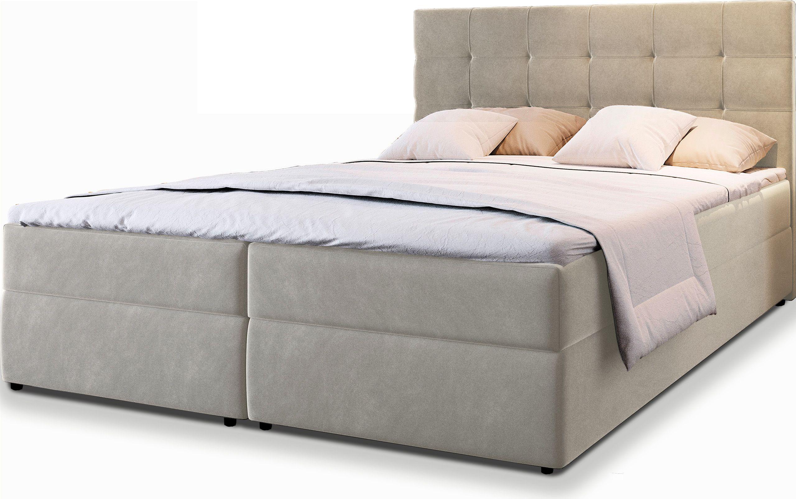 BOXBETT GLOS 140x200 cm mit Matratze und Topper, H2+H3 - Beige - Beige, Holz (140/200cm) - MASSENO