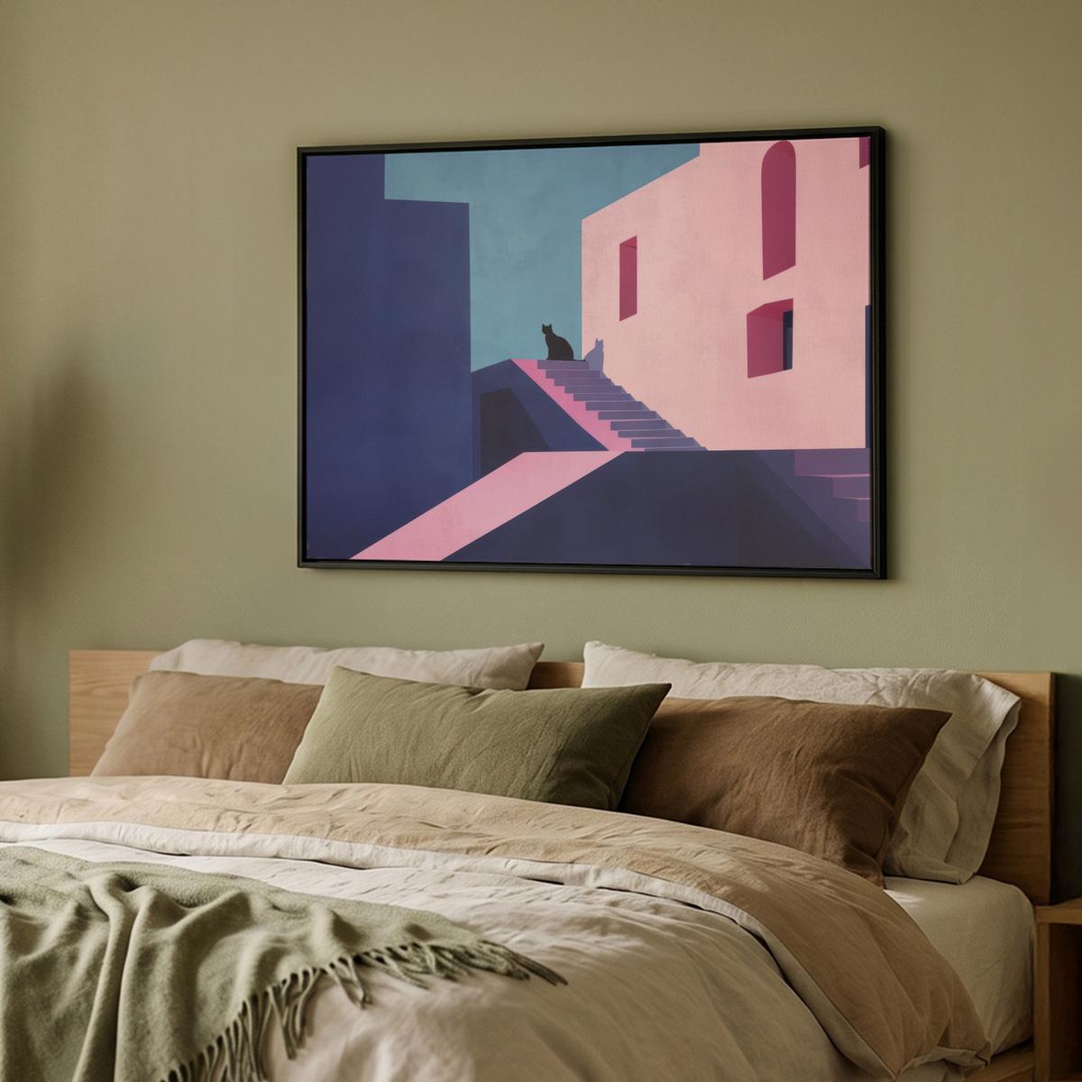 LEINWAND Bilder mit Rahmen - Katze - Treppe - Gebäude - Schattenkontraste - 100x70 - Dunkelblau, Textil (100/70cm) - MuchoWow