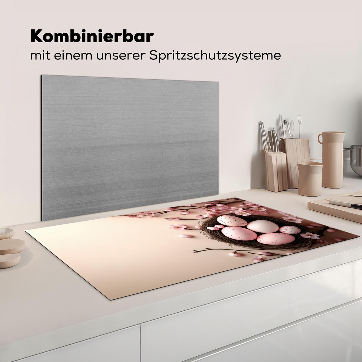 HERDABDECKPLATTE Rosa - Blüten - Eier Induktionsschutz 91.6x52.7 cm - Hellrosa, Kunststoff (91.6/52.7/0.2cm) - MuchoWow
