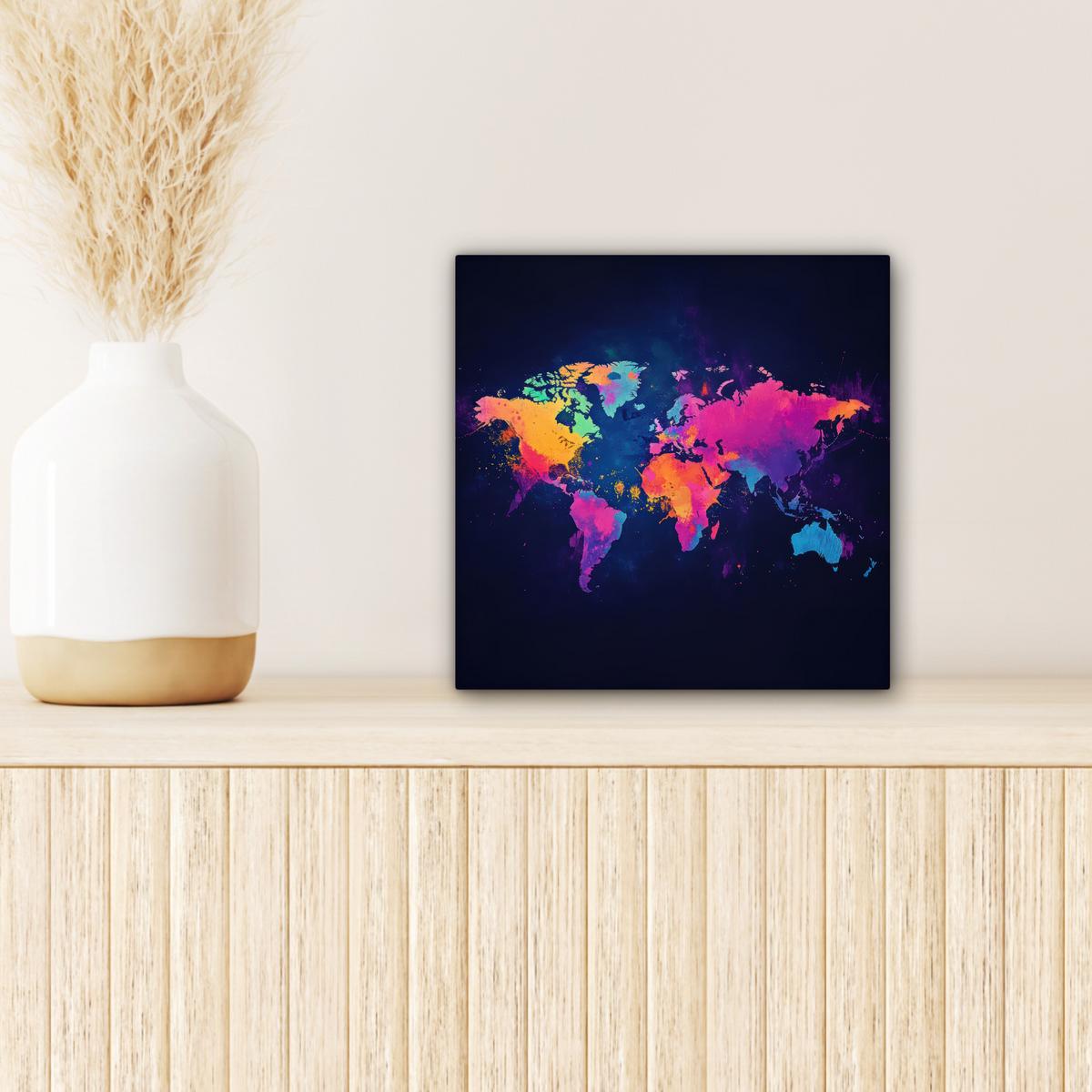 LEINWANDBILD Weltkarte - Bunt - Graffiti Deko Wohnzimmer 20x20 cm - Multicolor, Textil (20/20cm) - MuchoWow