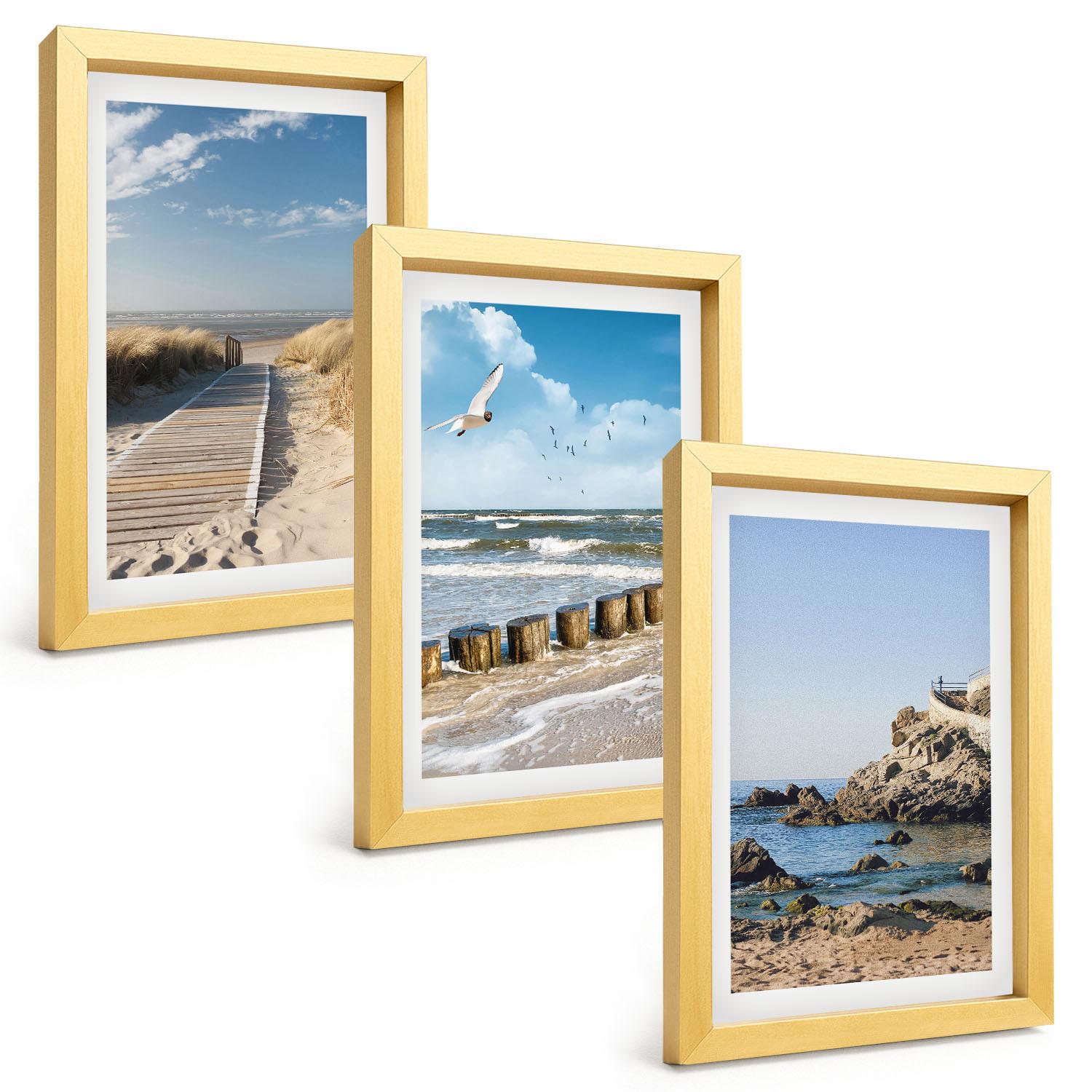 BILDER SET 3er Set - 20x30 cm Goldrahmen - Strand Holzsteg Klippen - Goldfarben, Kunststoff (20/30cm) - TULUP