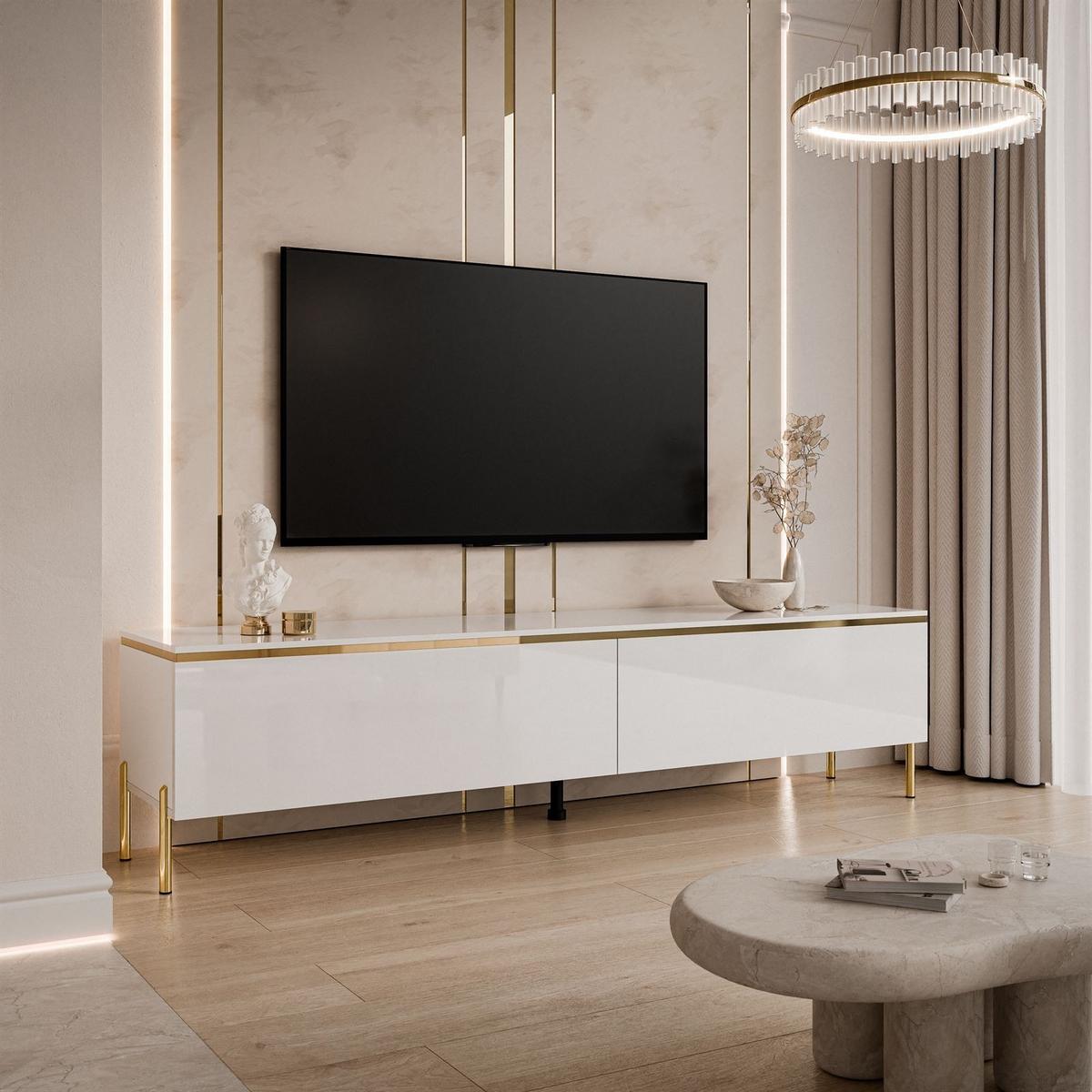 TV-LOWBOARD AURORA Weiß Hochglanz mit gerade Goldchrom Fuße und LED Beleuchtung - Weiß Hochglanz/Goldfarben, Holzwerkstoff/Metall (180/46/40cm) - Lookway