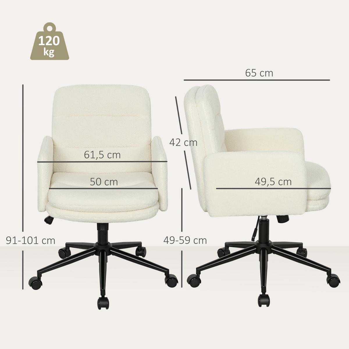 SCHREIBTISCHSTUHL höhenverstellbar Homeoffice Stuhl mit Bouclé-Optik, Cremeweiß - Creme/Schwarz, Textil/Metall (61.5/101/65cm) - HOMCOM