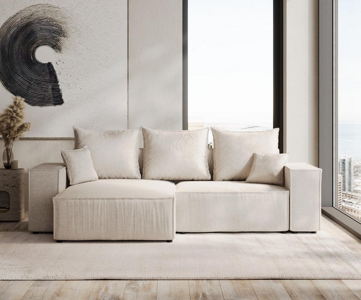 ECKSOFA SENSO mit Schlaffunktion Hellbeige im Wind Stoff - Beige/Schwarz, Holz/Holzwerkstoff (255/148cm) - AltaBeds