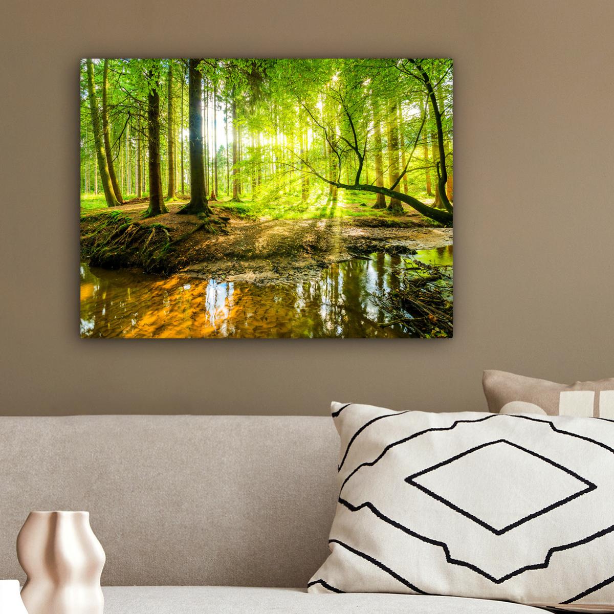 LEINWANDBILD Wald - Landschaft - Wasser - Bäume - Sonne - Grün - Natur Wandbild 40x30 cm - Grün, Textil (40/30cm) - MuchoWow