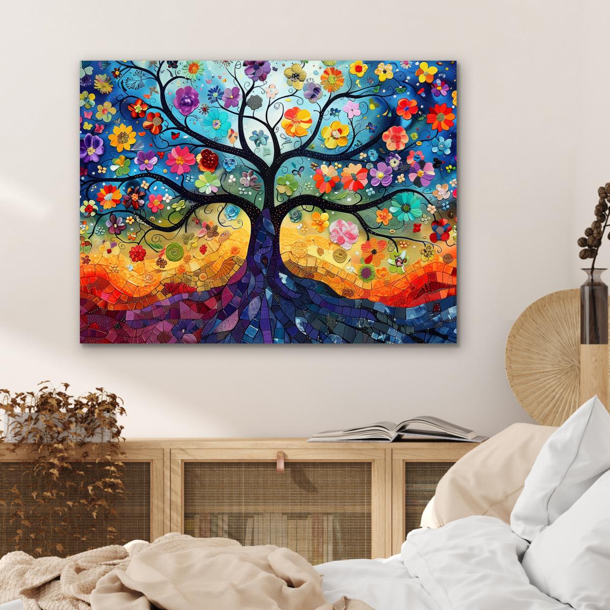 METALLBILD Kunst - Baum des Lebens - Blumen - Hippie 80x60 cm - Dunkelblau, Metall (80/60cm) - MuchoWow