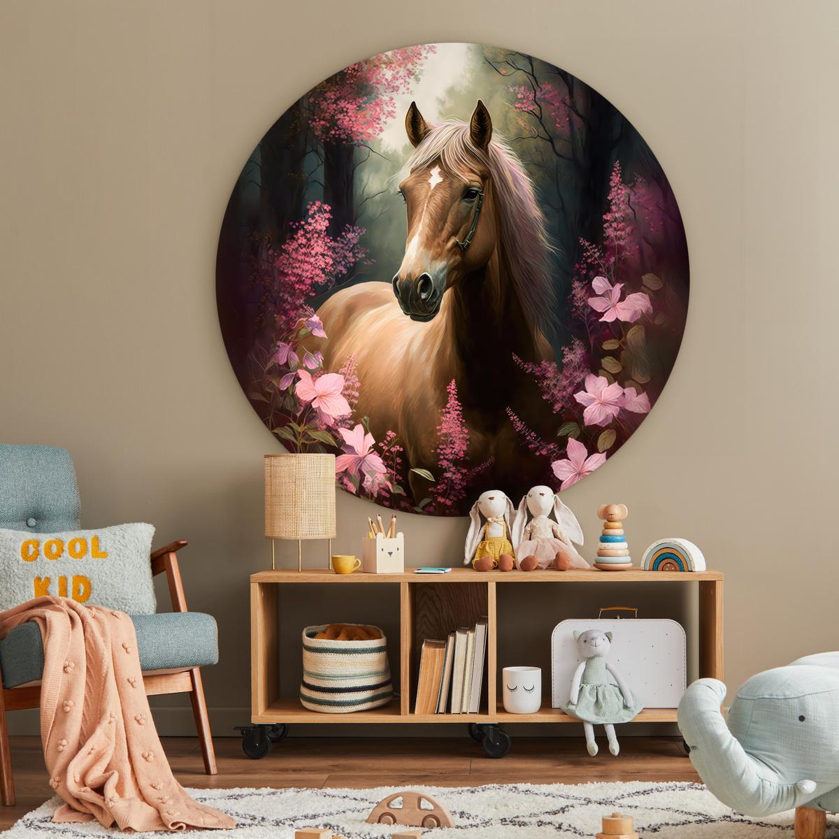 WANDBILD Pferd - Blumen - Rosa - Natur - Wald Deko Groß 150x150 cm - Altrosa, Kunststoff (150/150cm) - MuchoWow