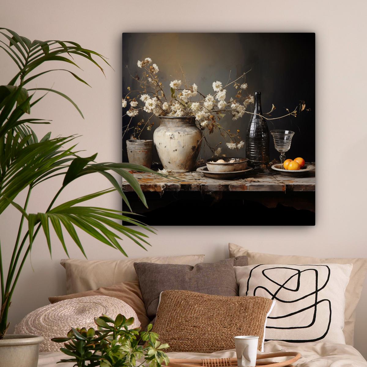 LEINWANDBILD Stilleben - Blumen - Blumenstrauß - Vase - Wein Deko Groß 90x90 cm - Schwarz, Textil (90/90cm) - MuchoWow