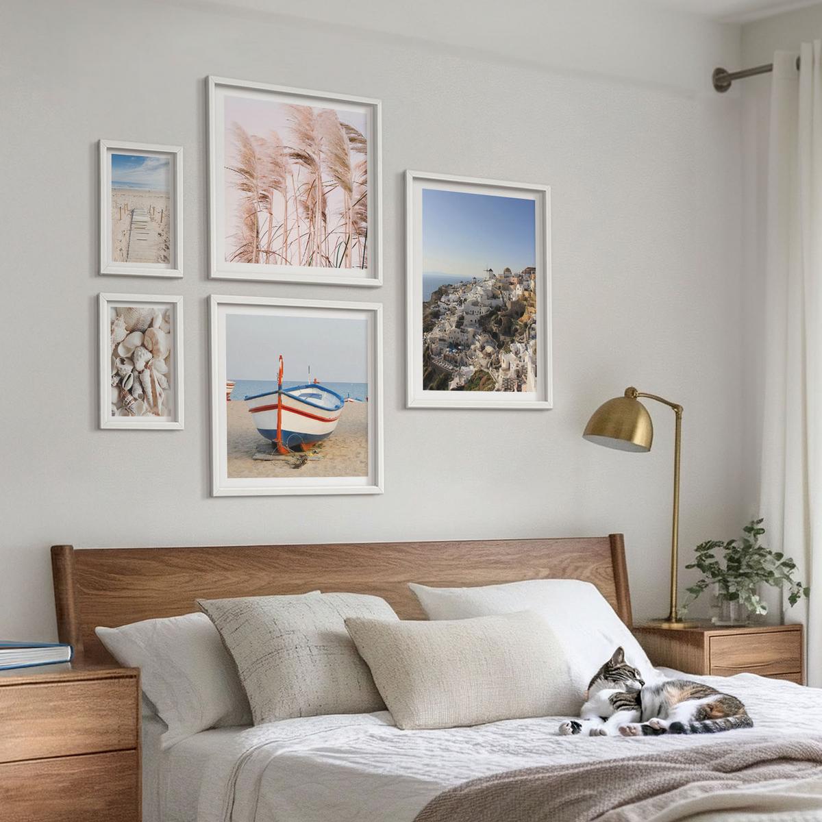 BILDER SET 5er Set - 50x50 cm & 20x30 cm & 40x60 cm Weißer Rahmen - Japanische Berglandschaften - Weiß, Kunststoff (40/60cm) - TULUP