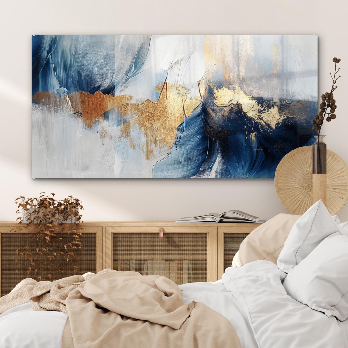 ACRYLGLASBILD Gold - Blau - Aquarell - Kunst - Modern 120x60 cm - Hellblau, Glas (120/60cm) - MuchoWow