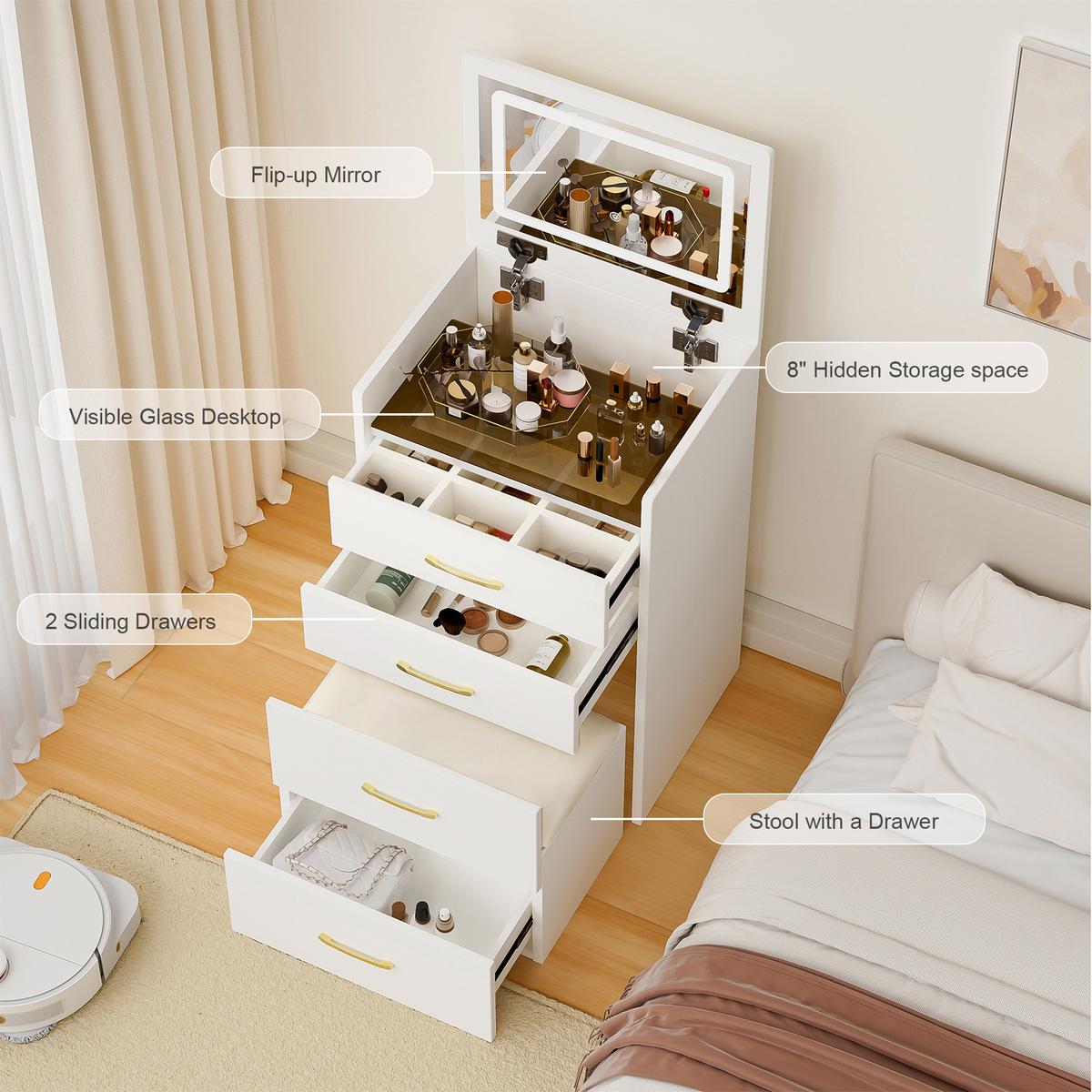 SCHMINKTISCH 3-in-1 Nachttisch (60 cm) in Weiß mit Klappspiegel, Glasplatte & Hocker - Weiß, Holzwerkstoff (60/118/40cm) - Urban Meuble