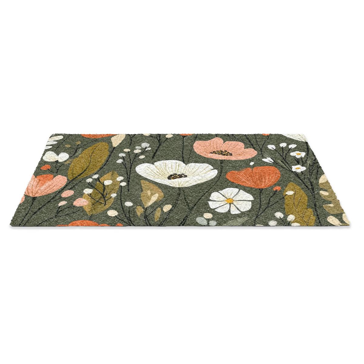 FUSSMATTE Blumen - Illustration - Grün Flurteppich 90x60 cm - Dunkelgrün, Kunststoff (90/0.4cm) - MuchoWow