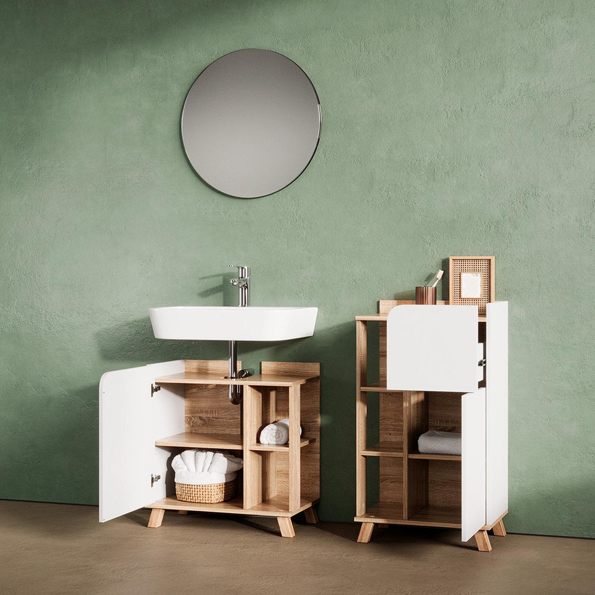 BADMÖBEL-SET Marano Sonoma/Weiß 3 Teile, mit Midischrank - Weiß/Sonoma Eiche, Holzwerkstoff (60/65/35cm) - Livinity®