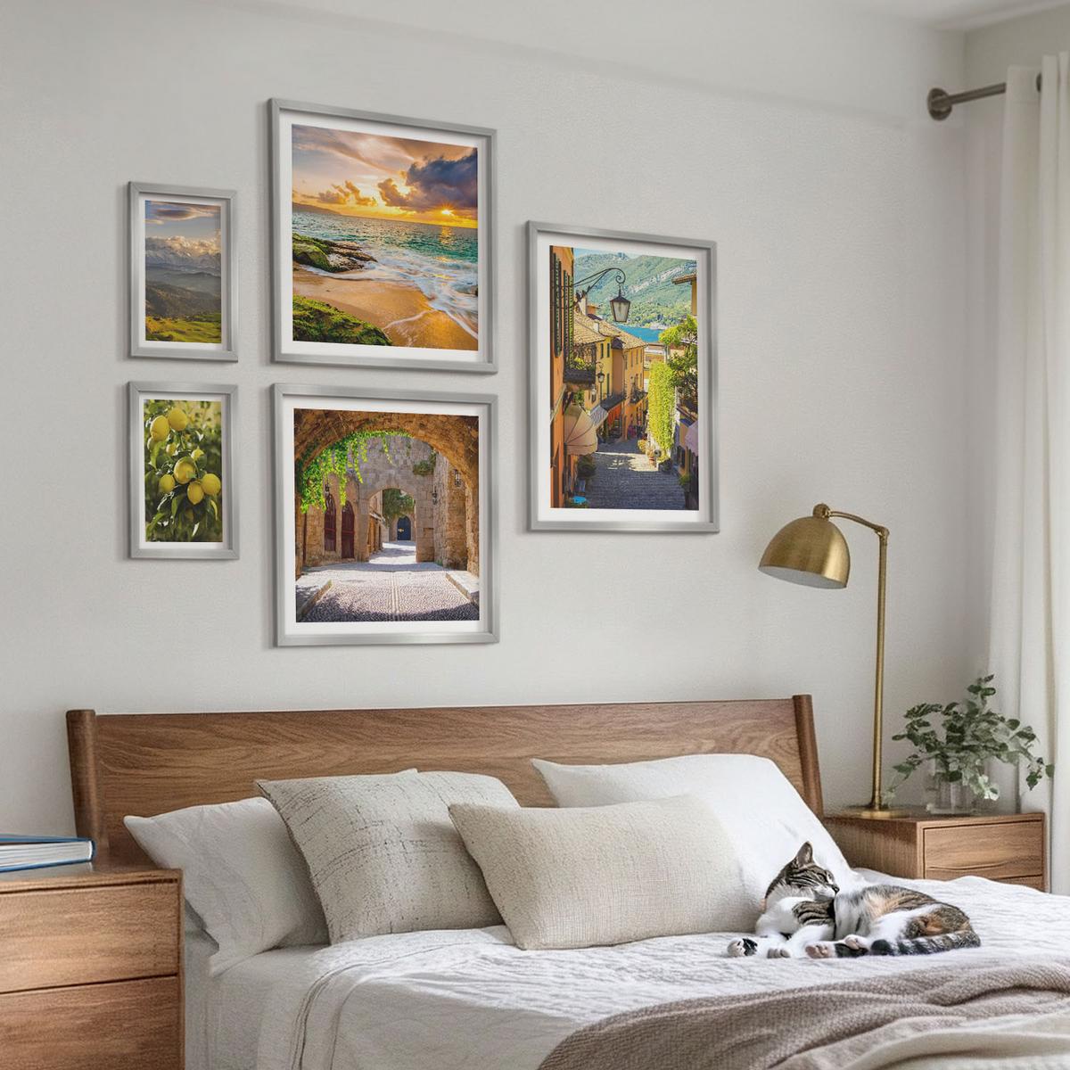 BILDER SET 5er Set - 50x50 cm & 20x30 cm & 40x60 cm Silberner Rahmen - Malerische Straßen am Meer, Strand - Silberfarben, Kunststoff (40/60cm) - TULUP