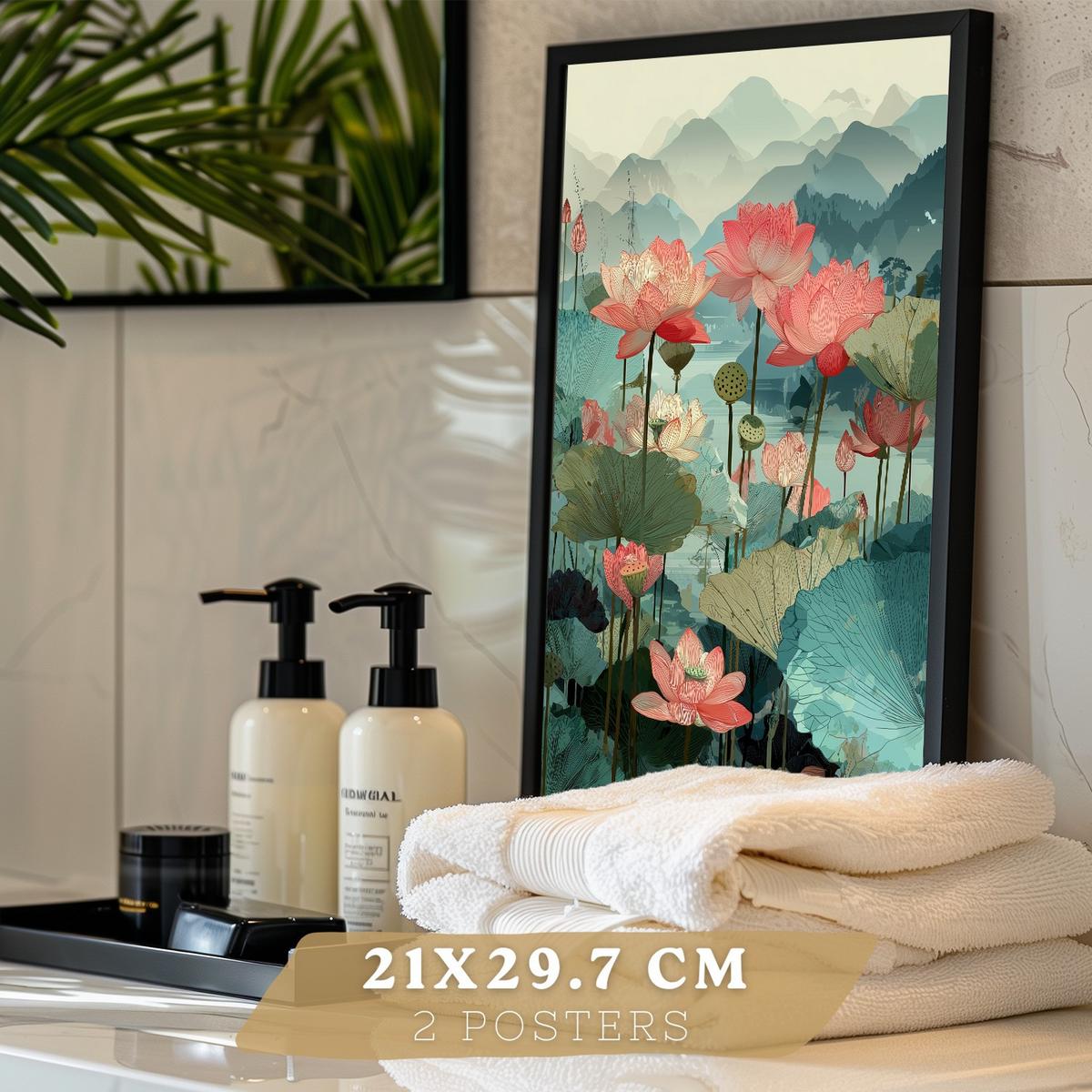 POSTER 2er-Set dekorative Badezimmerdrucke, japanisch-orientalische Kunstposter WC mit Lotusblumen, asiatische Landschaft, Stil Schwarzer Rahmen A4 - Schwarz, Papier (29.7/21/3cm) - Nacnic