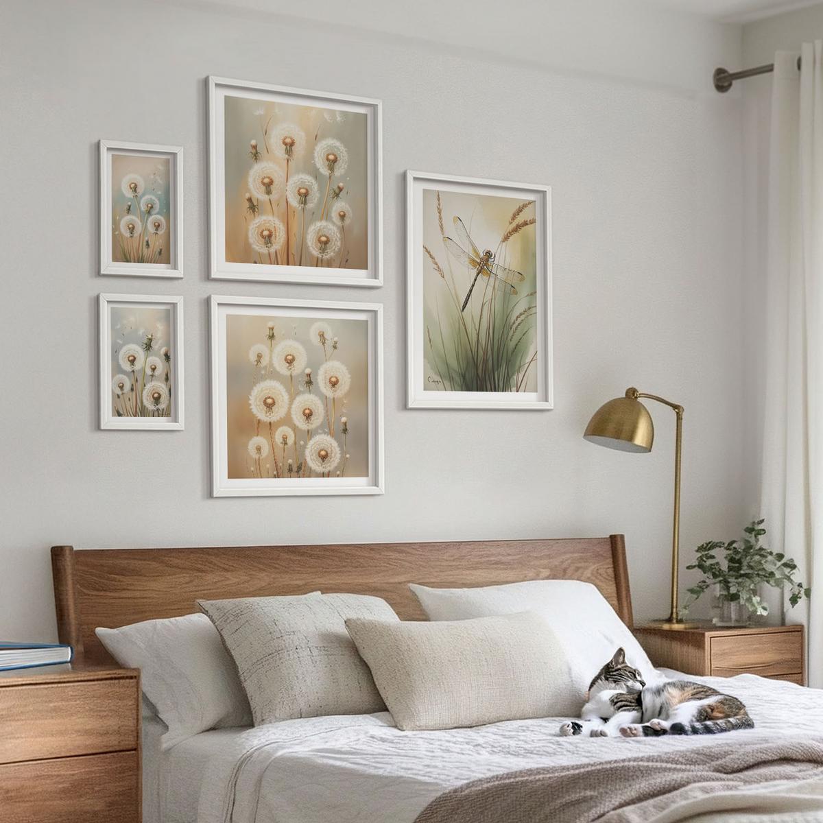BILDER SET 5er Set - 50x50 cm & 20x30 cm & 40x60 cm Weißer Rahmen - Weiße Löwenzahnblüten auf hellem Hintergrund - Weiß, Kunststoff (40/60cm) - TULUP