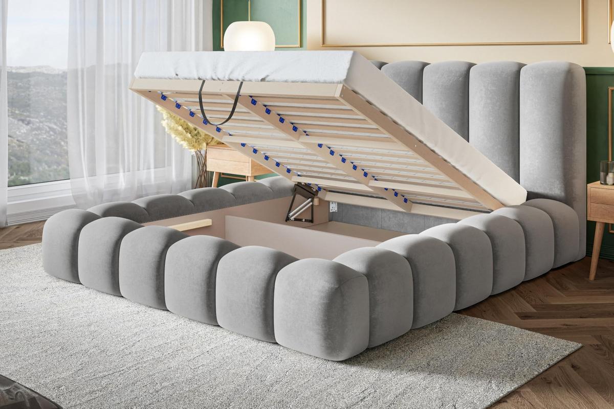 BETT 120x200 - Polsterbett mit Bettkasten und Holzrahmen - Modern Bett - Eleganter Amor-Velvet-Stoff - Kollektion Nora Maxi - Beige - Beige, Holz/Textil (120/200cm) - Alpi-Möbel